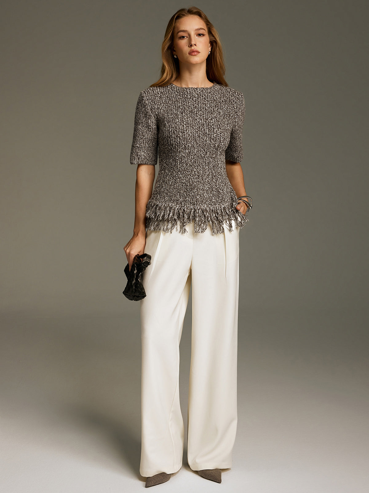 Fringe-Hem Short-Sleeve Knit Top-Chicvia