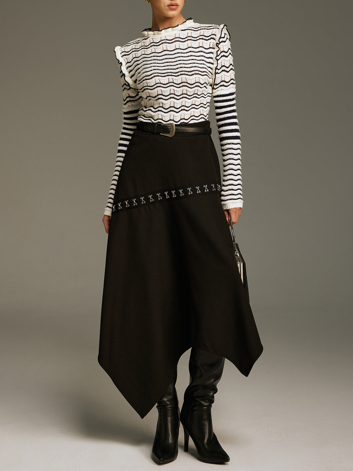 Metal Clasp Detail Asymmetric Hem Skirt-Chicvia