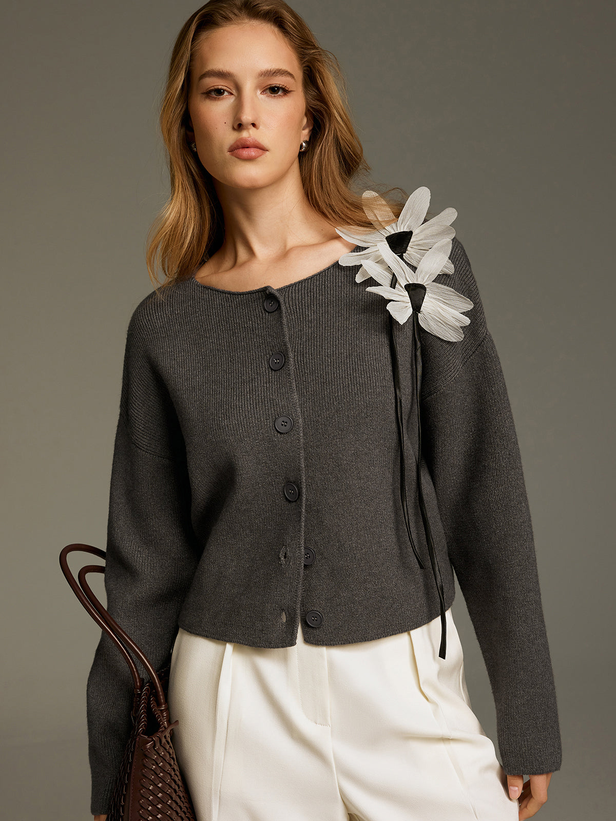 Floral Embellished Knit Cardigan-Chicvia