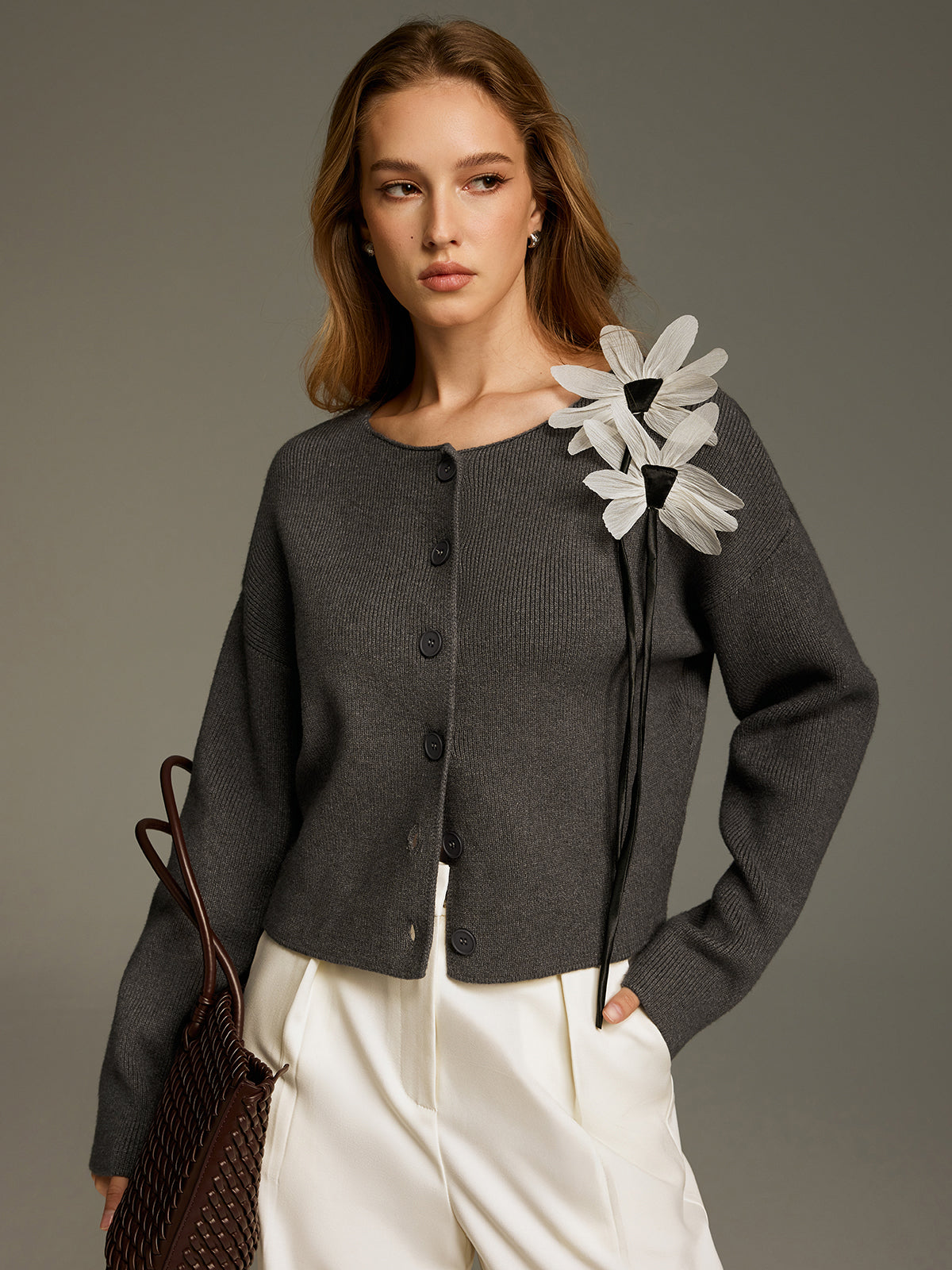 Floral Embellished Knit Cardigan-Chicvia