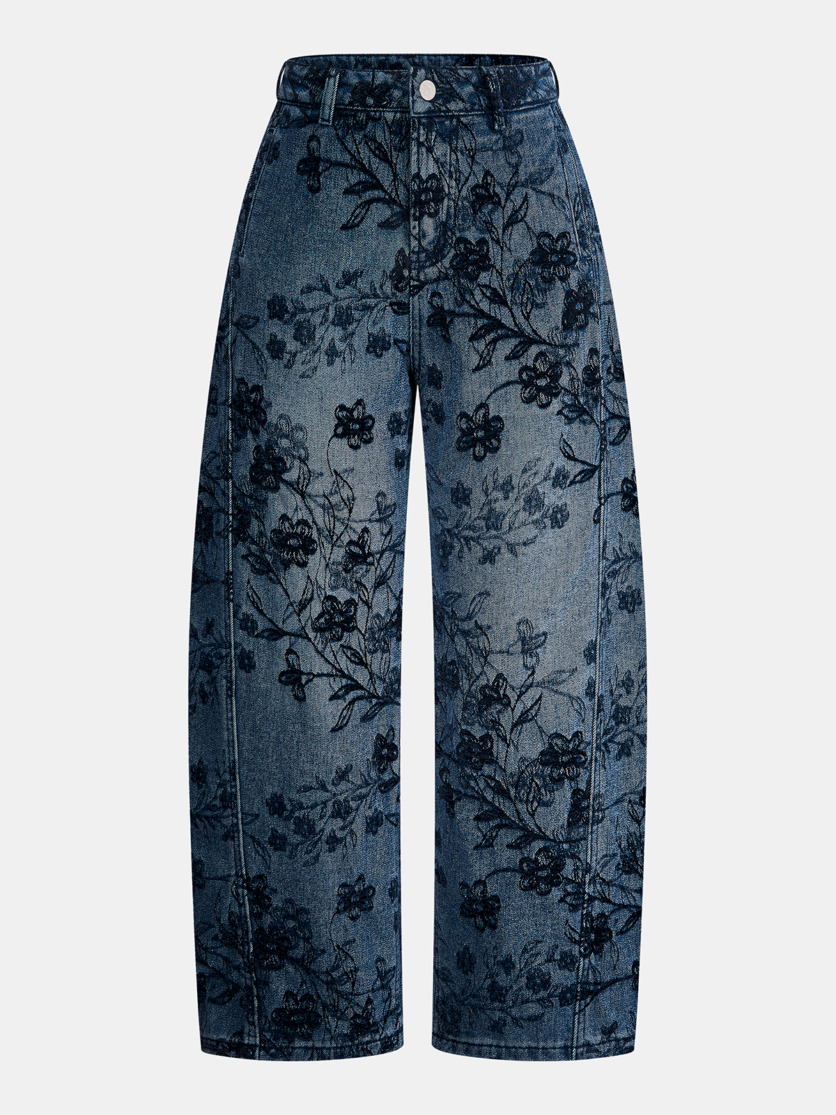 Floral Jacquard Curved-Leg Jeans-Chicvia