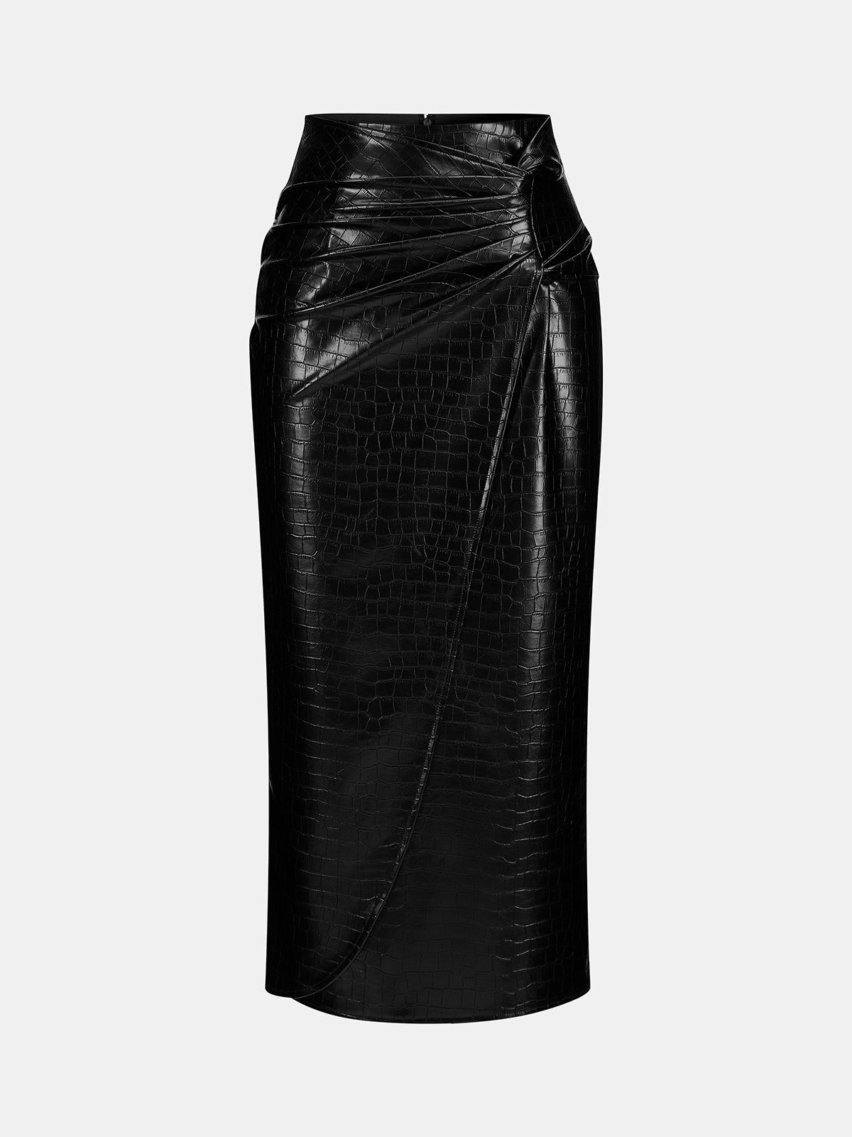 Crocodile Faux Leather Ruched Midi Skirt-Chicvia