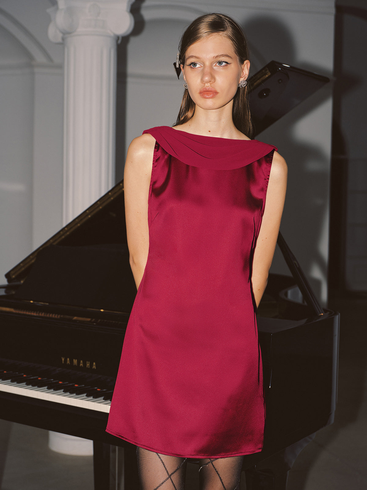 Cowl Neck Backless Satin Mini Dress-Chicvia