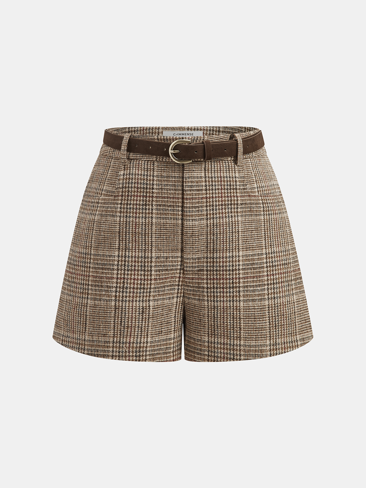 Mid-Waisted Belted Plaid Shorts-Chicvia