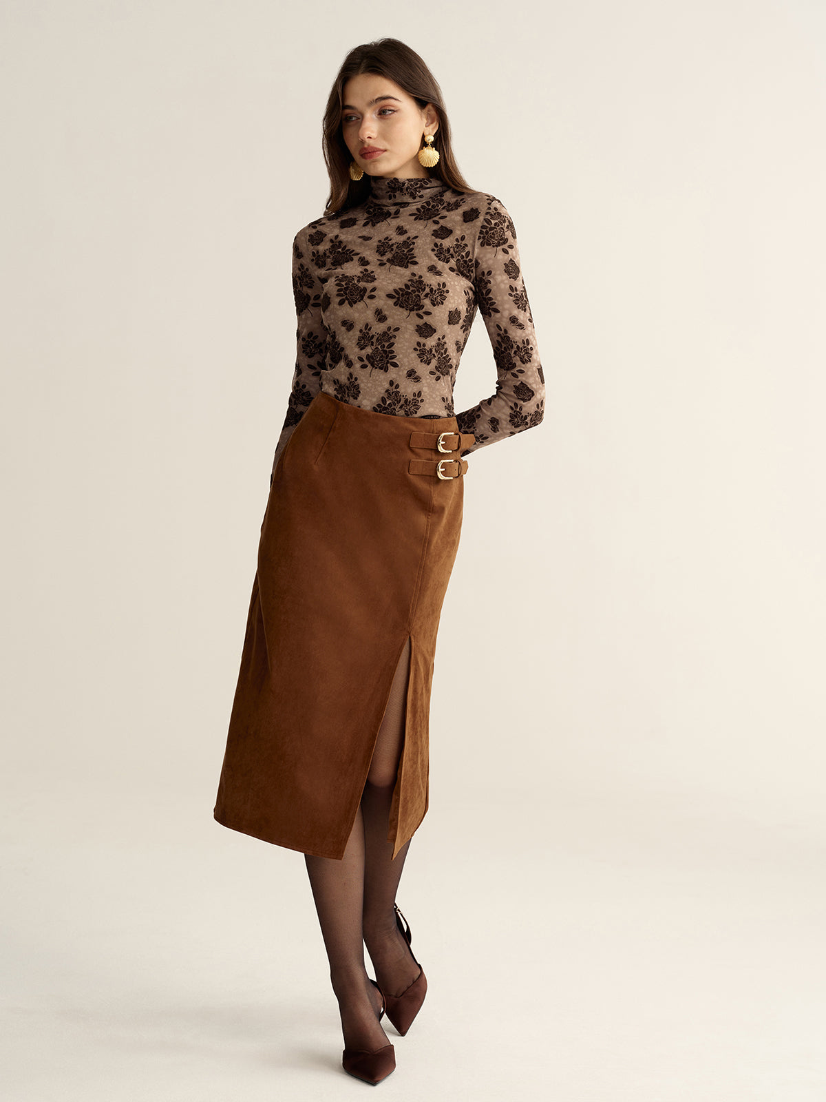 Floral Mesh Mock Neck Long Sleeve Top-Chicvia