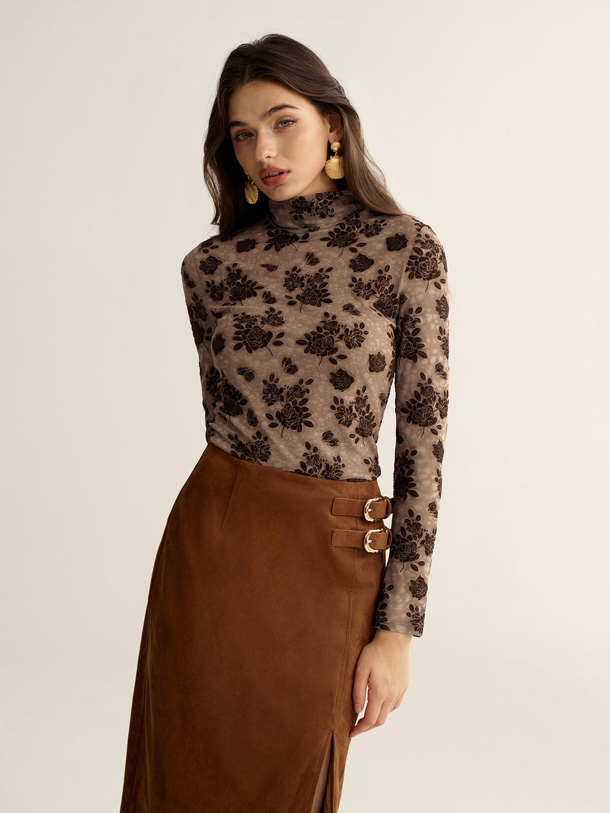 Floral Mesh Mock Neck Long Sleeve Top-Chicvia