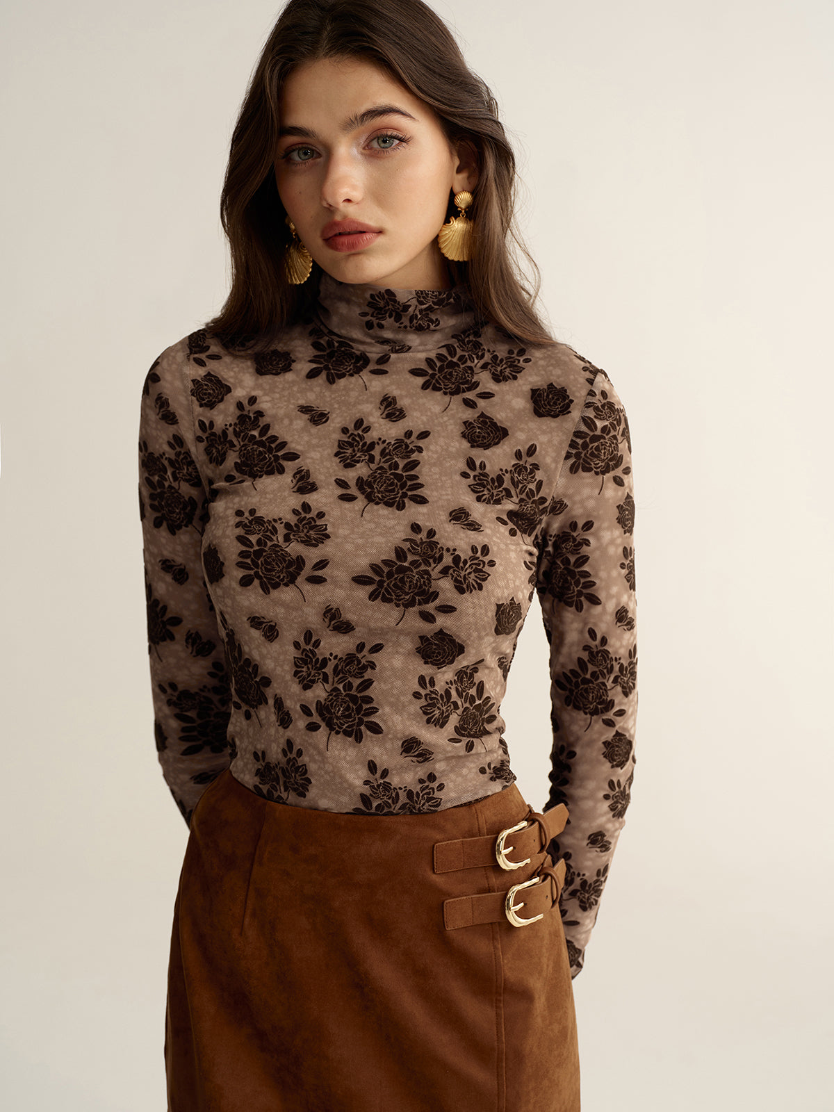 Floral Mesh Mock Neck Long Sleeve Top-Chicvia