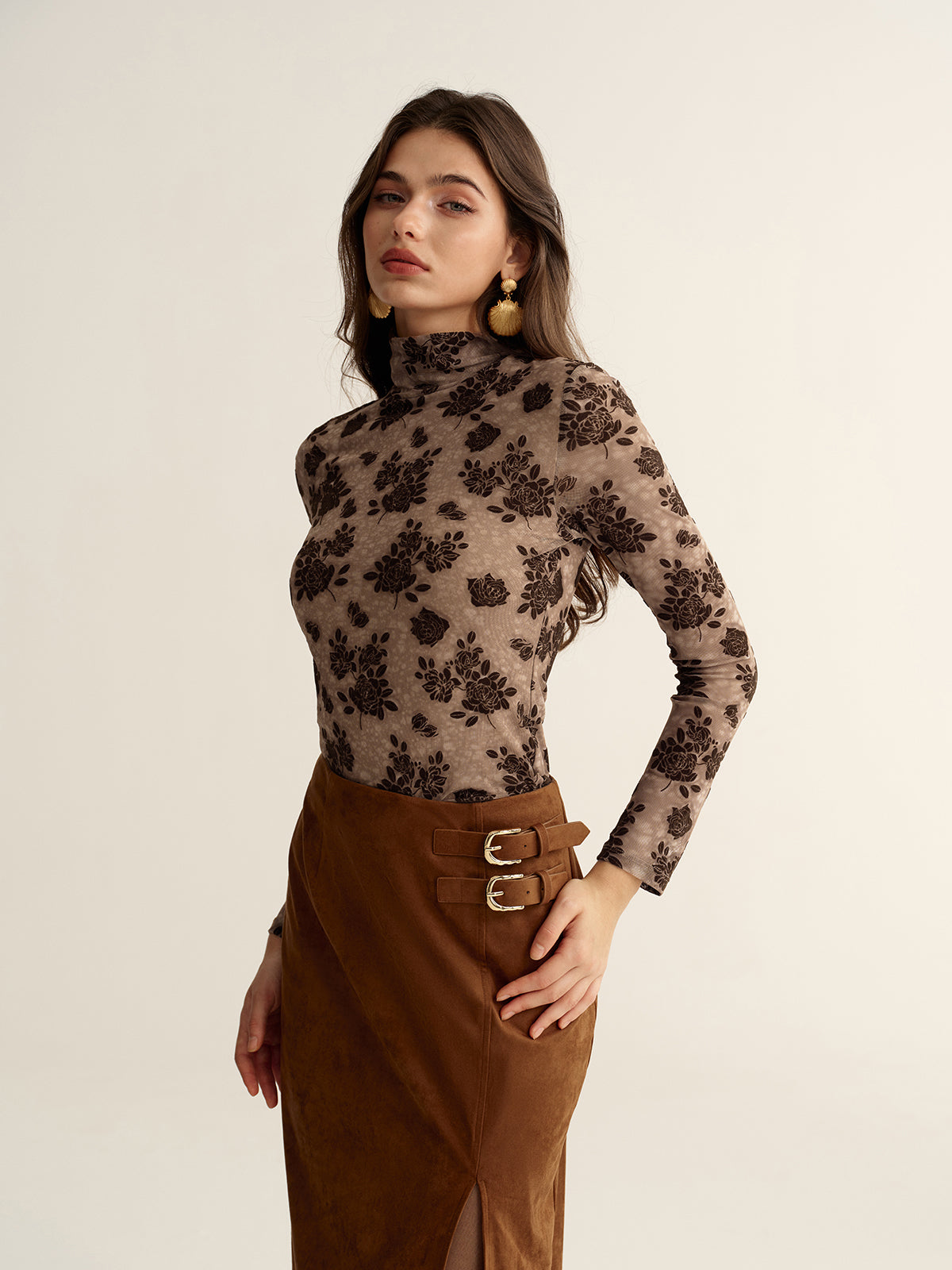 Floral Mesh Mock Neck Long Sleeve Top-Chicvia