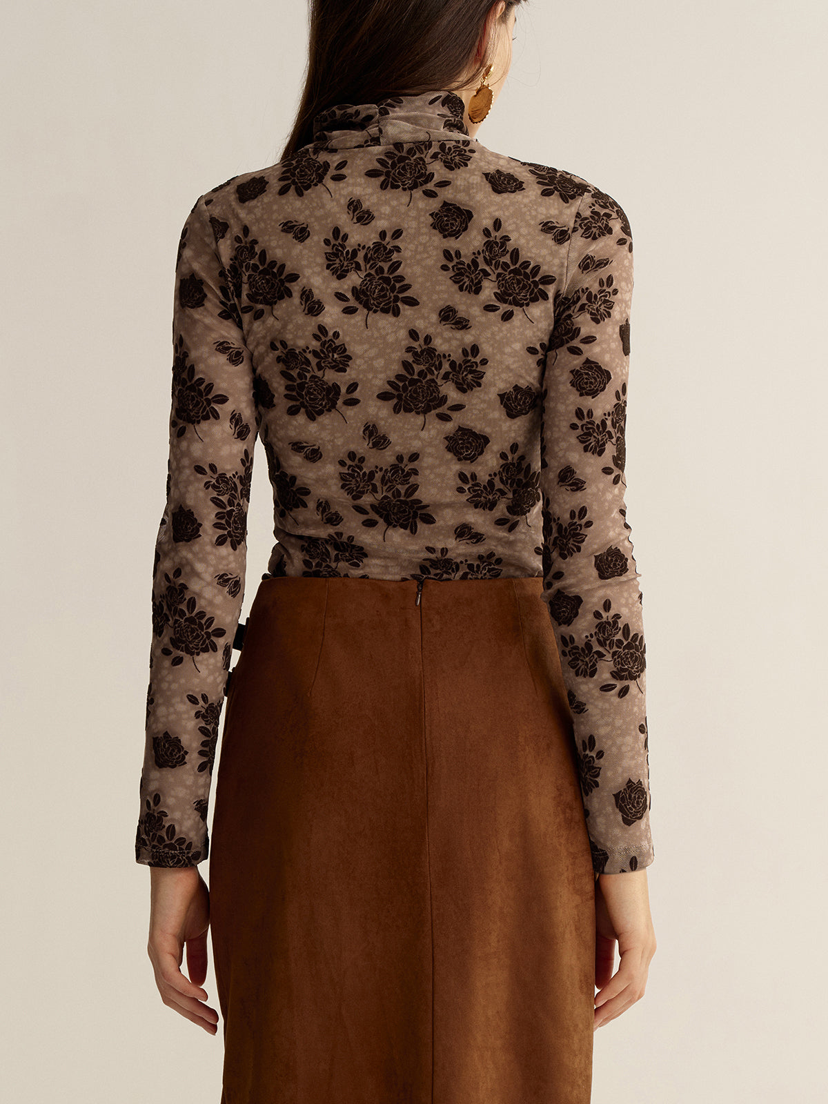 Floral Mesh Mock Neck Long Sleeve Top-Chicvia