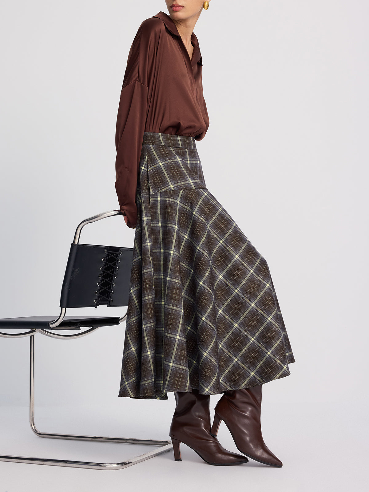 High-Waisted Asymmetric Plaid Midi Skirt-Chicvia