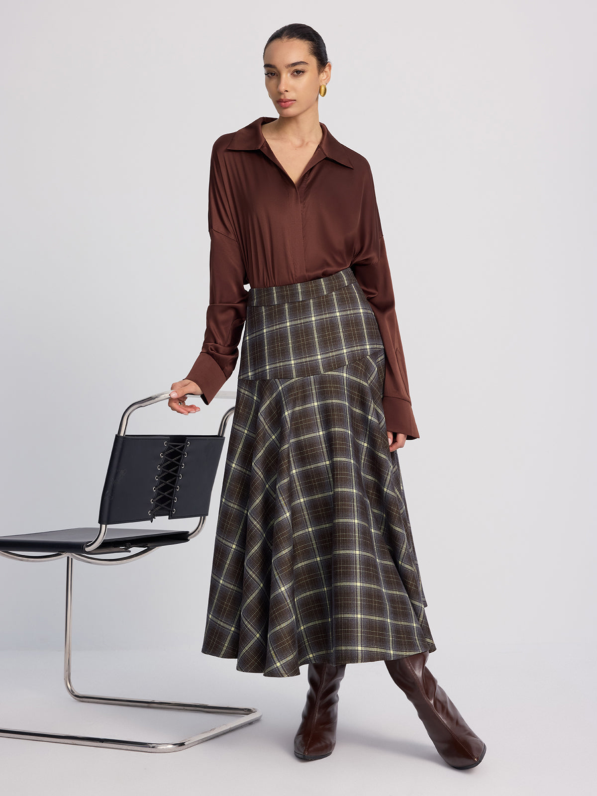 High-Waisted Asymmetric Plaid Midi Skirt-Chicvia