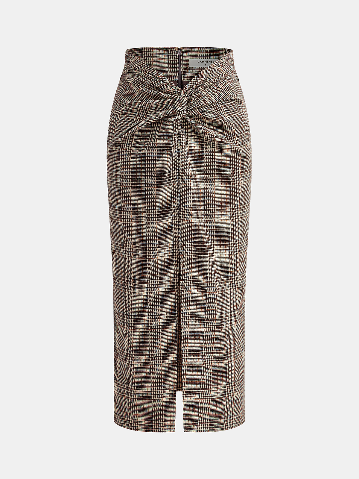 Knot-Front Slit Houndstooth Tweed Midi Skirt-Chicvia