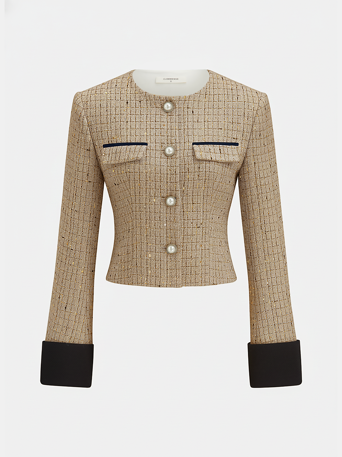 Contrast Cuff Pearl Button Tweed Jacket-Chicvia