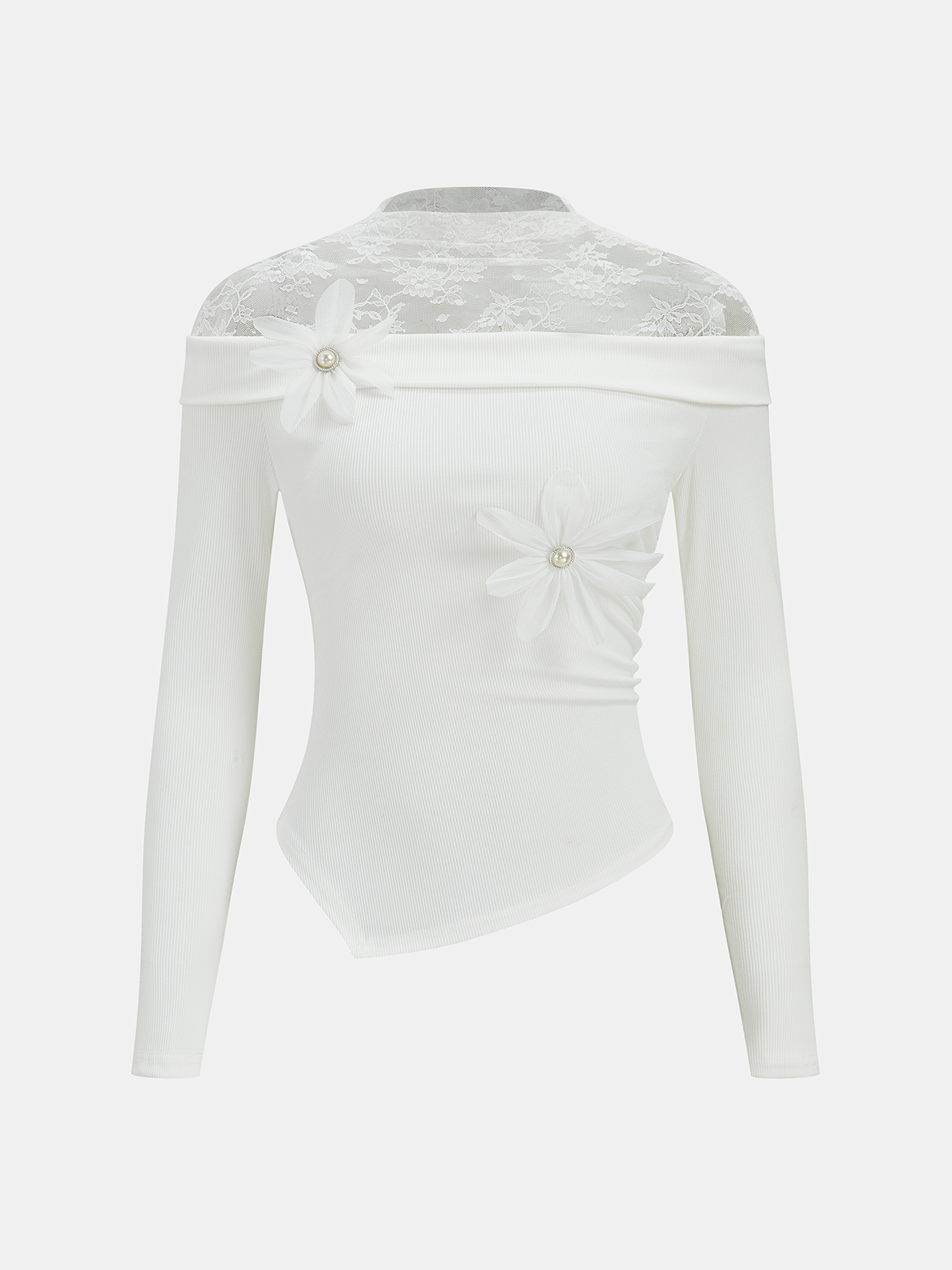 Lace Panel 3D Floral Off-Shoulder Top-Chicvia