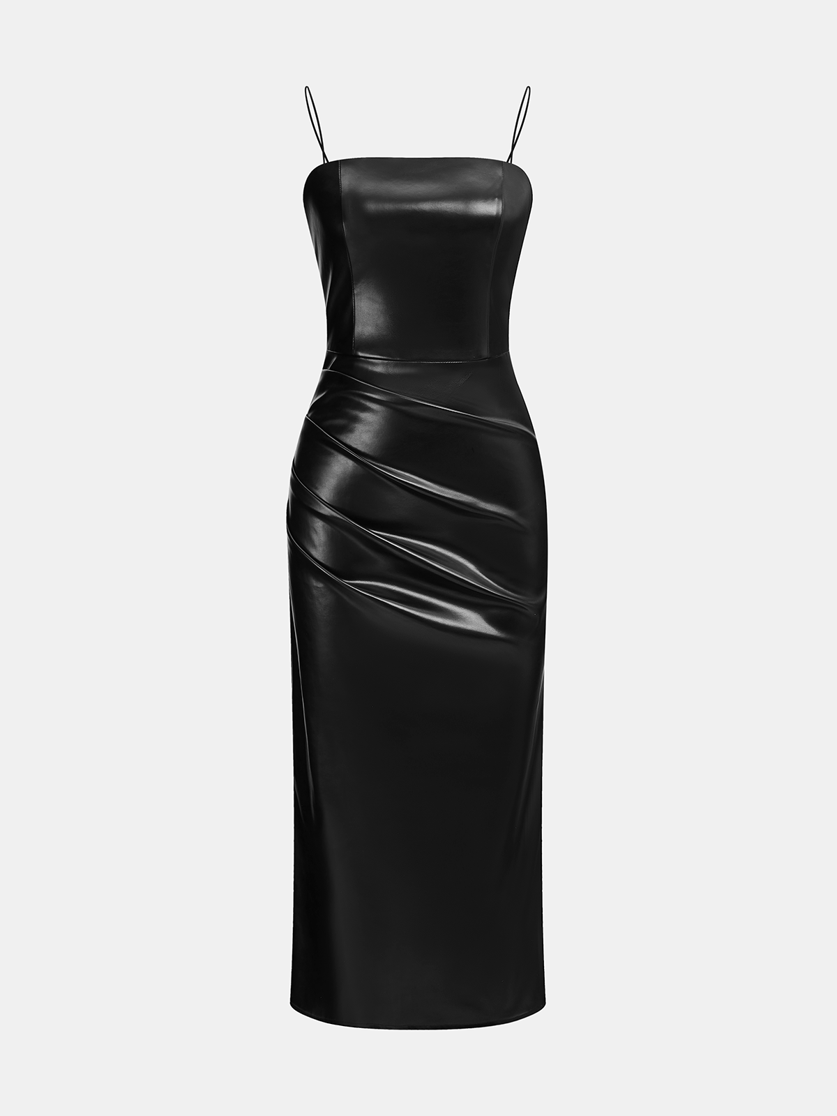 Faux Leather Ruched Cami Midi Dress-Chicvia