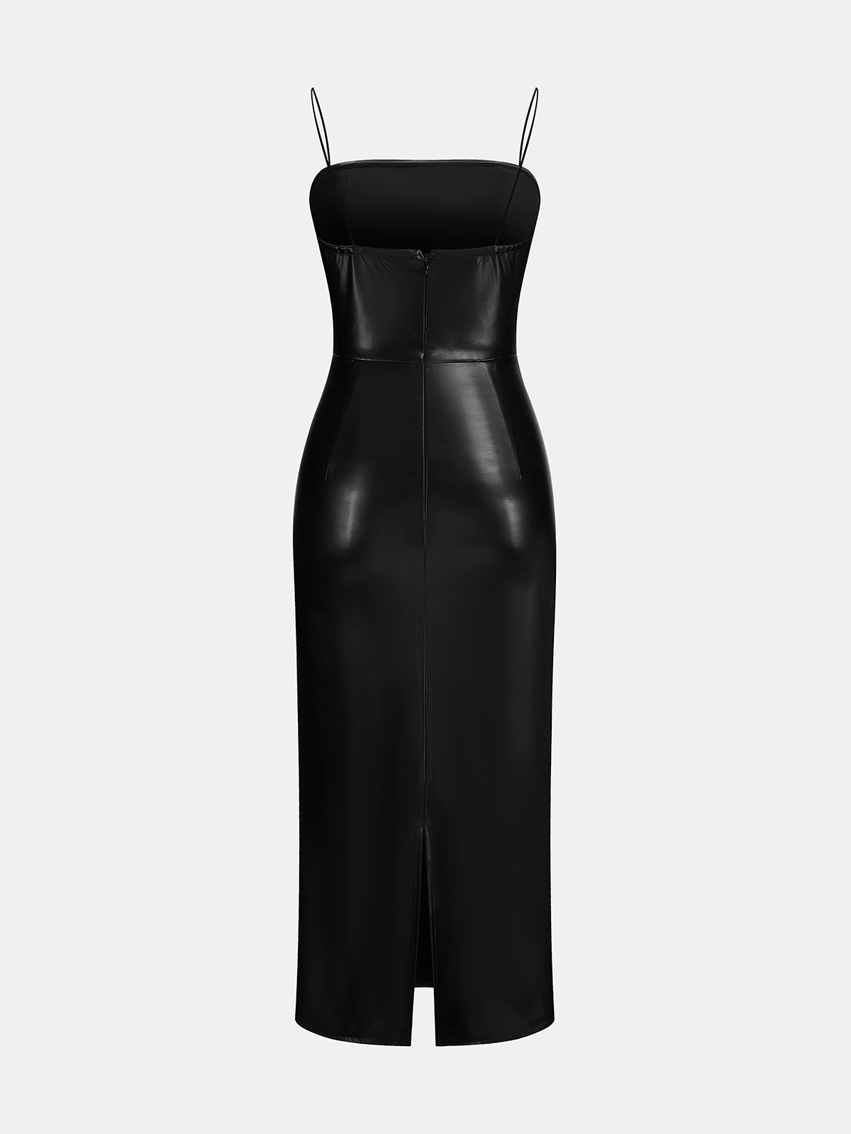 Faux Leather Ruched Cami Midi Dress-Chicvia