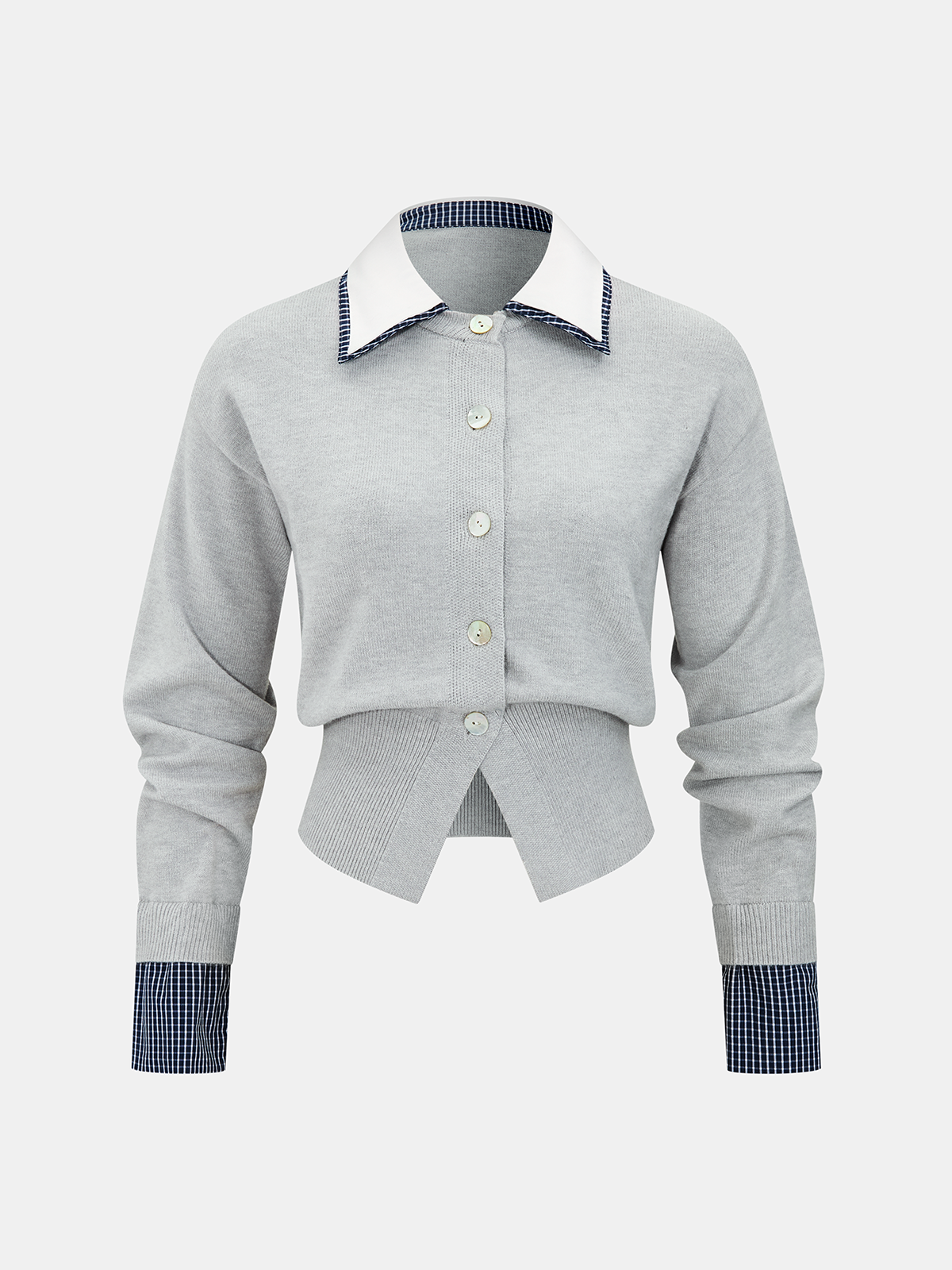 Plaid Detail Contrast Collar Knit Cardigan-Chicvia