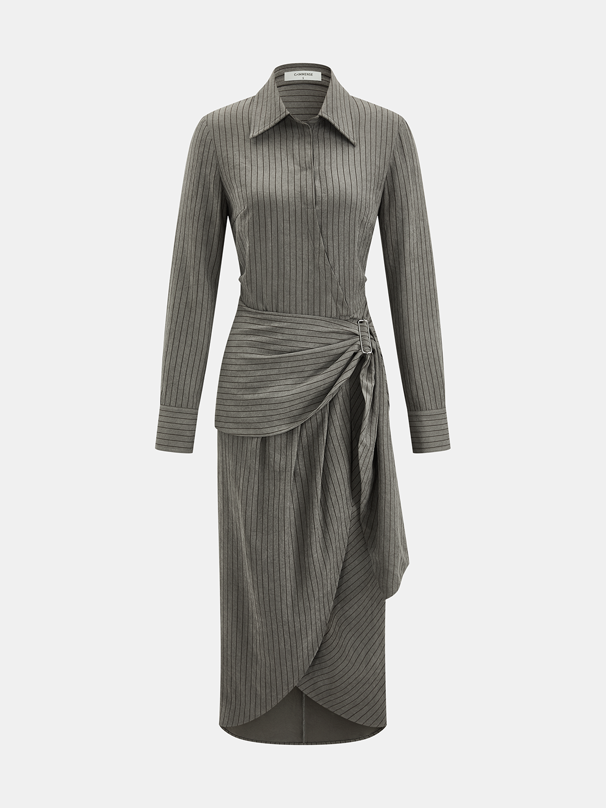 Pinstripe Wrap-Waist Shirt Dress-Chicvia