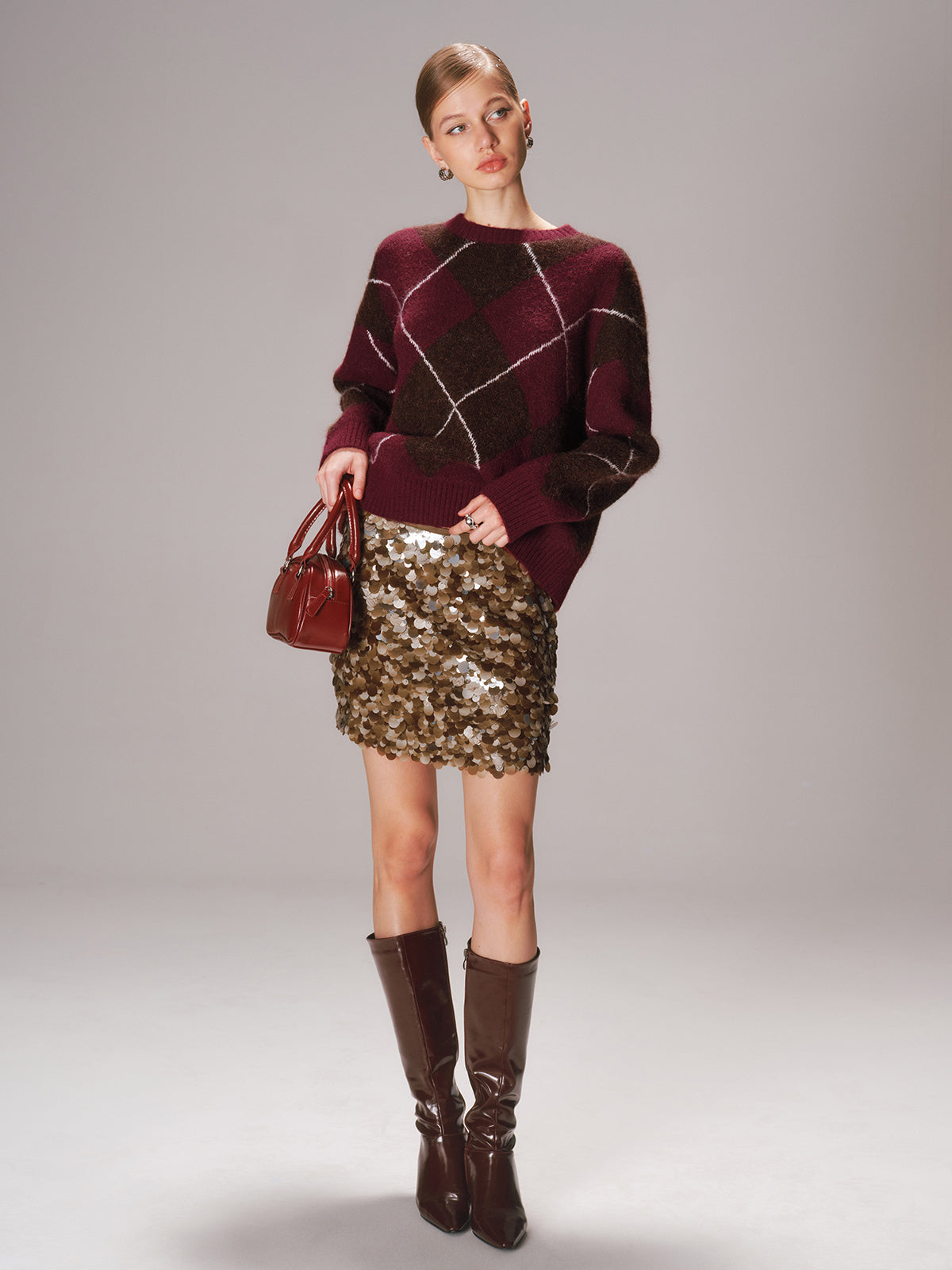 Crew Neck Argyle Wool-Blend Sweater-Chicvia