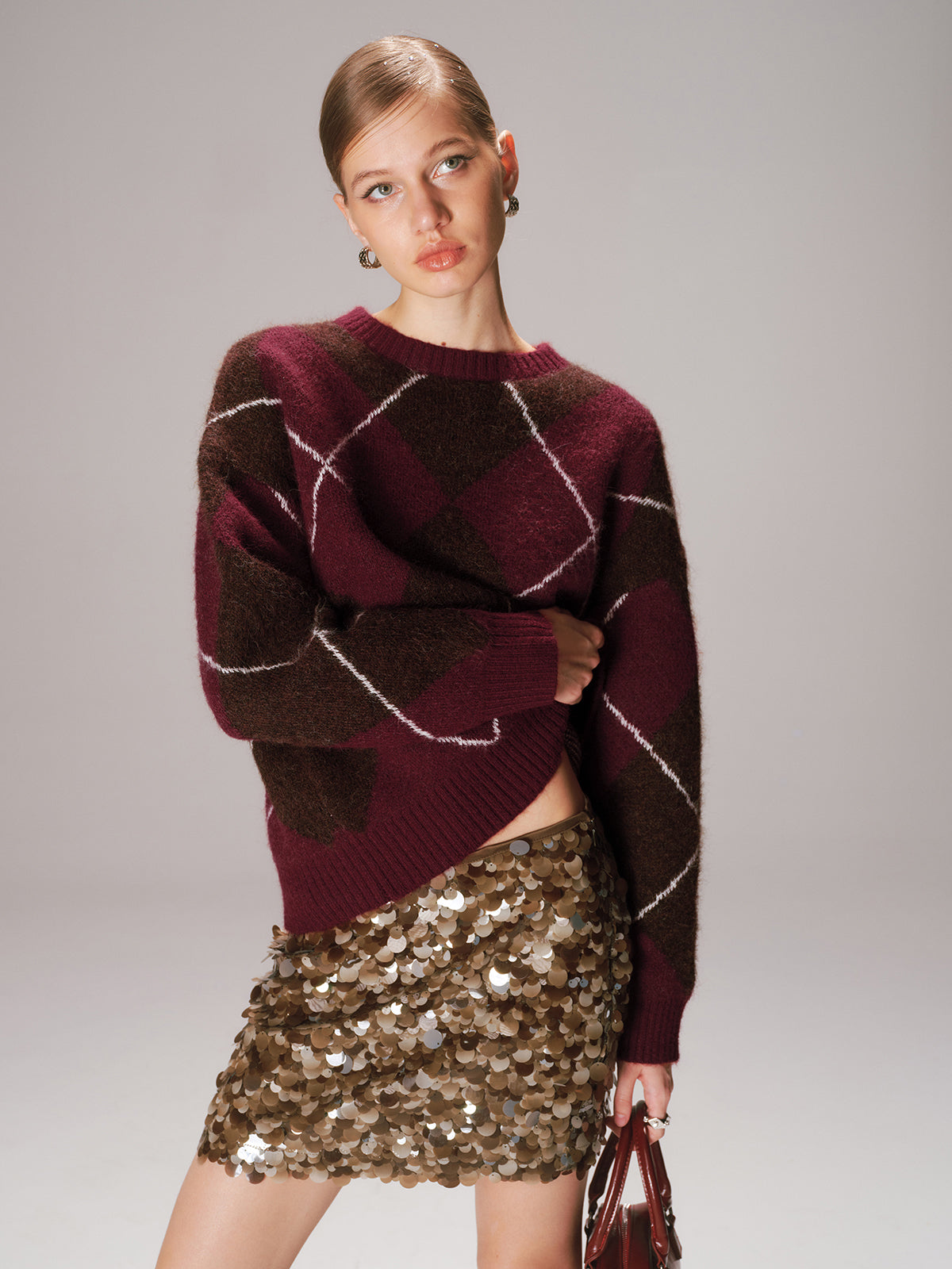 Crew Neck Argyle Wool-Blend Sweater-Chicvia