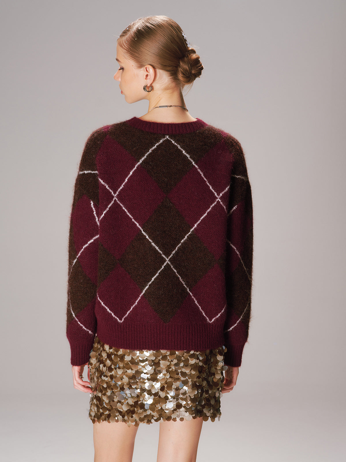Crew Neck Argyle Wool-Blend Sweater-Chicvia