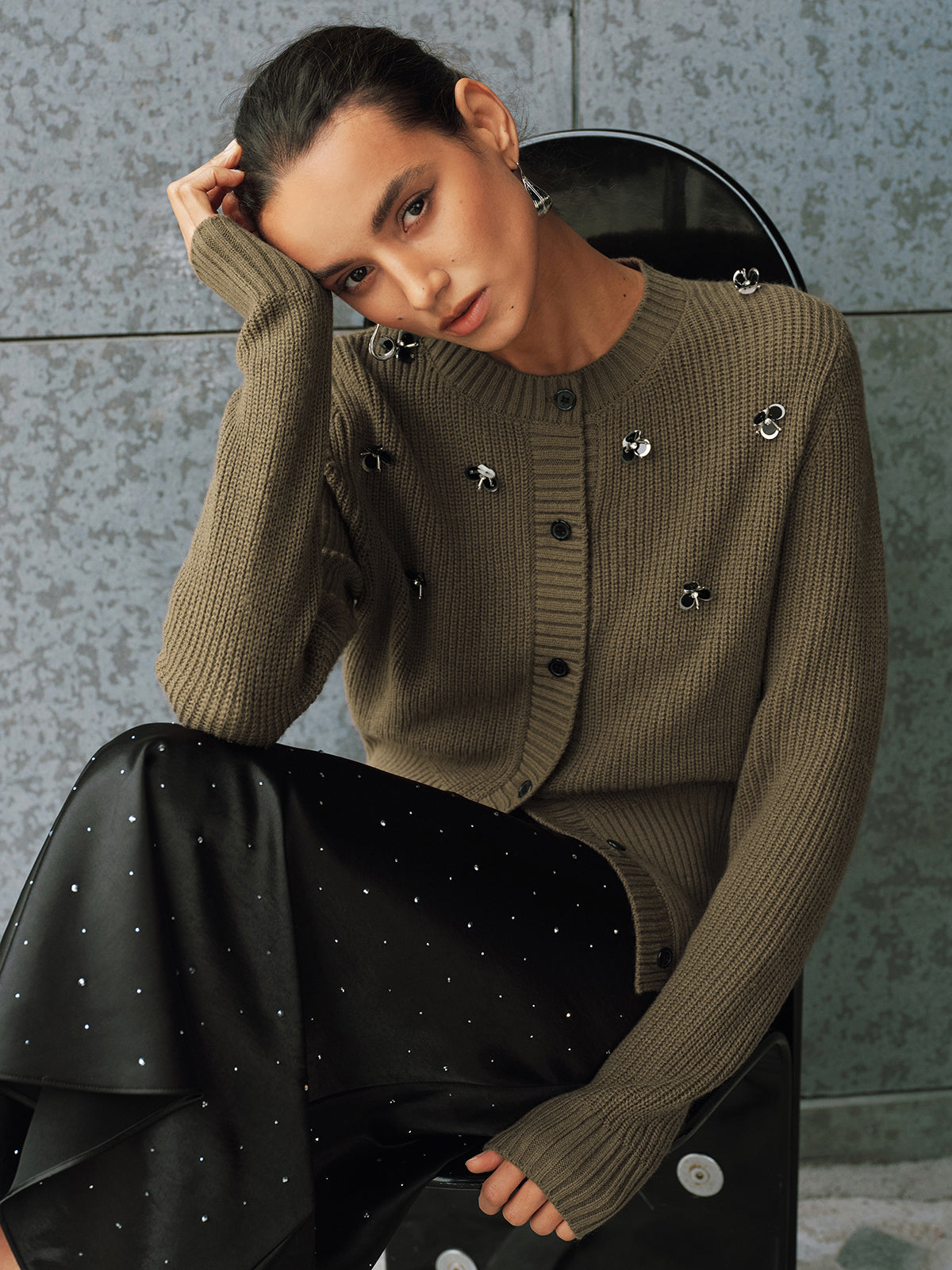 Embellished Button-Front Knit Cardigan-Chicvia