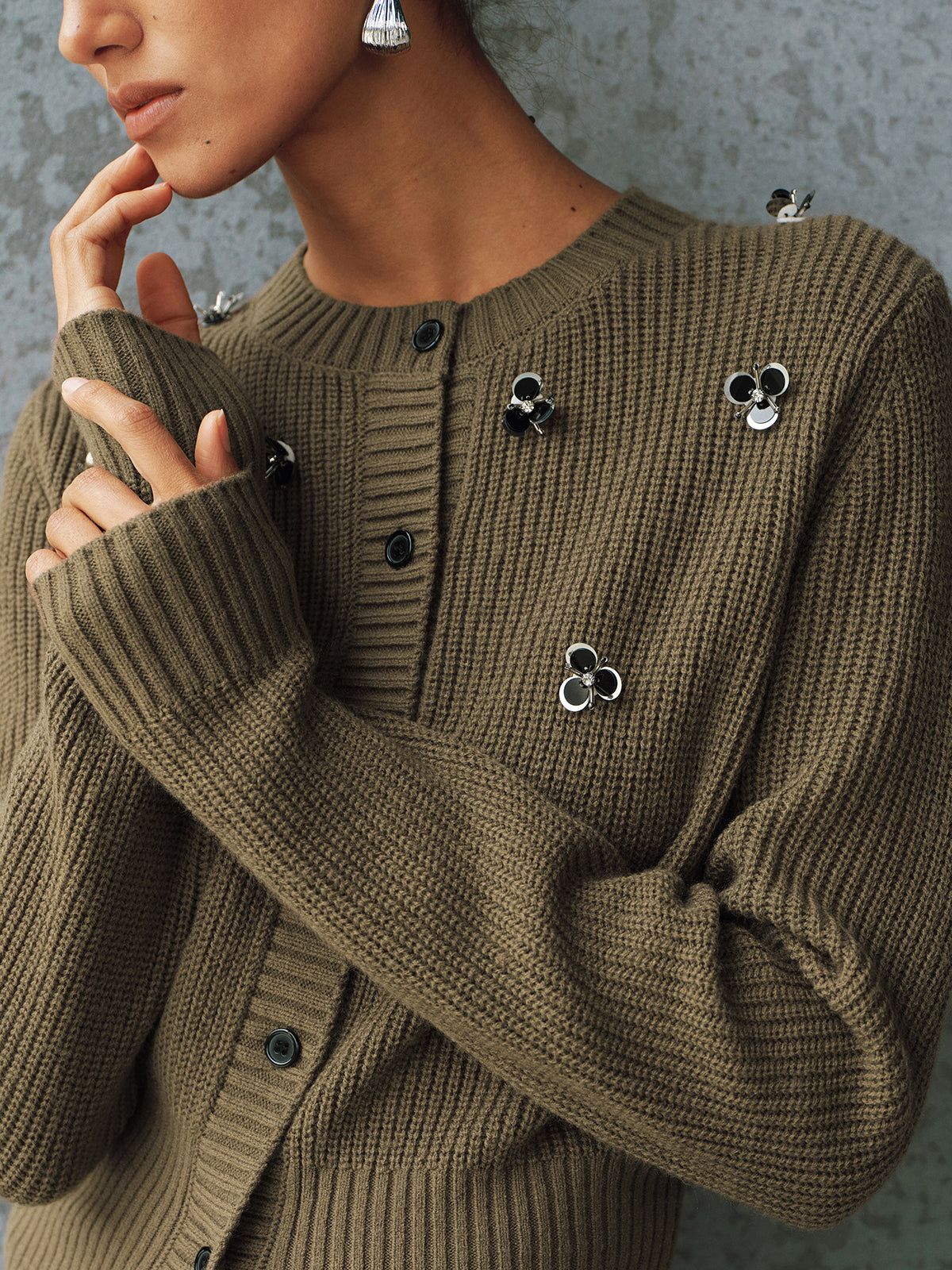 Embellished Button-Front Knit Cardigan-Chicvia