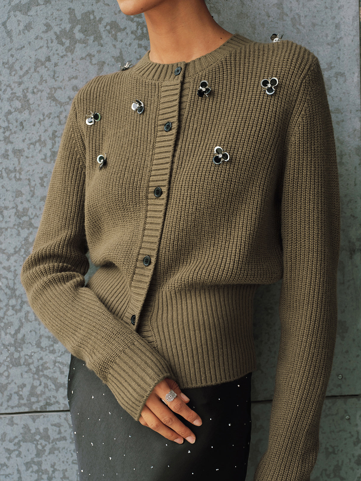 Embellished Button-Front Knit Cardigan-Chicvia