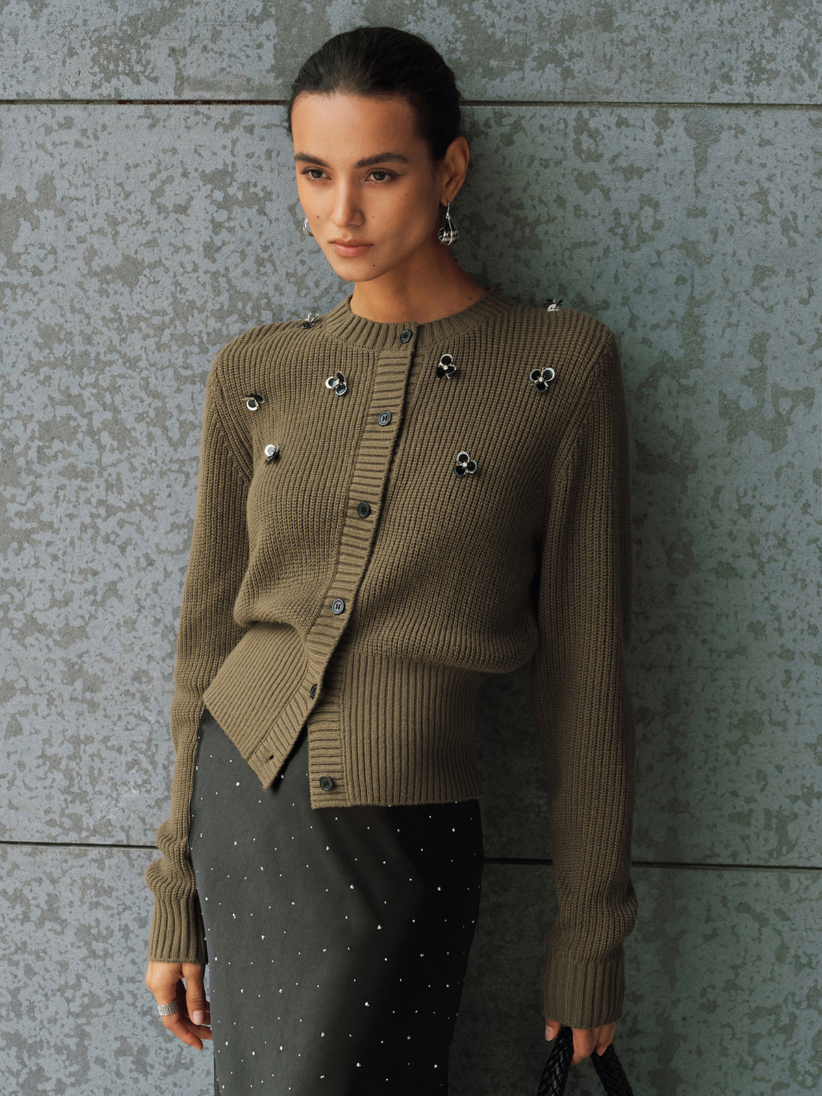 Embellished Button-Front Knit Cardigan-Chicvia