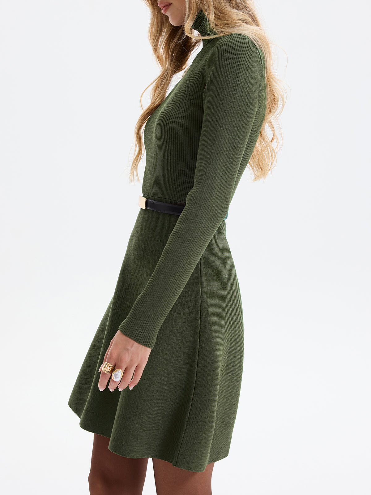 Belted Ribbed Turtleneck Knit Mini Dress-Chicvia