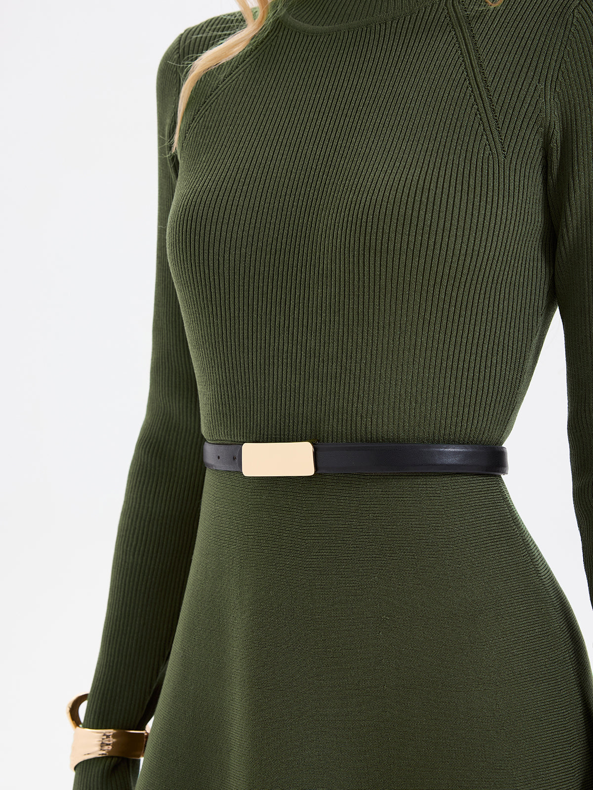 Belted Ribbed Turtleneck Knit Mini Dress-Chicvia