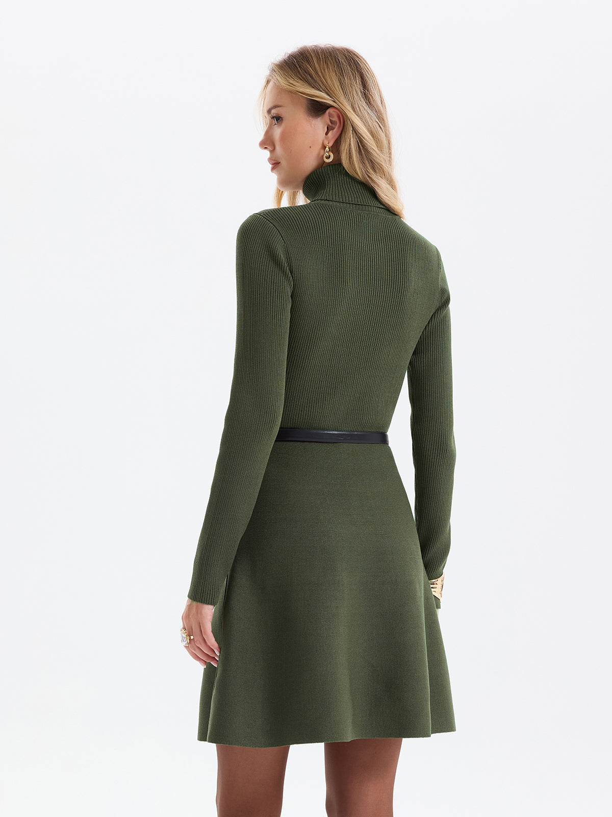 Belted Ribbed Turtleneck Knit Mini Dress-Chicvia