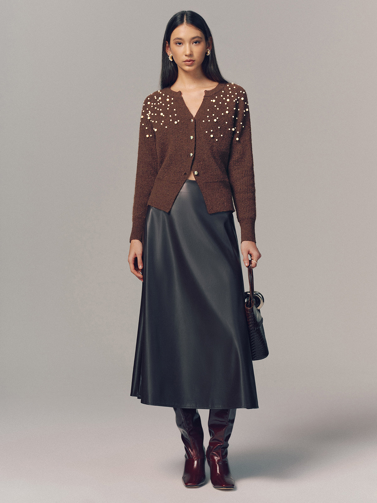 Pearl Embellished Wool Blend Cardigan-Chicvia