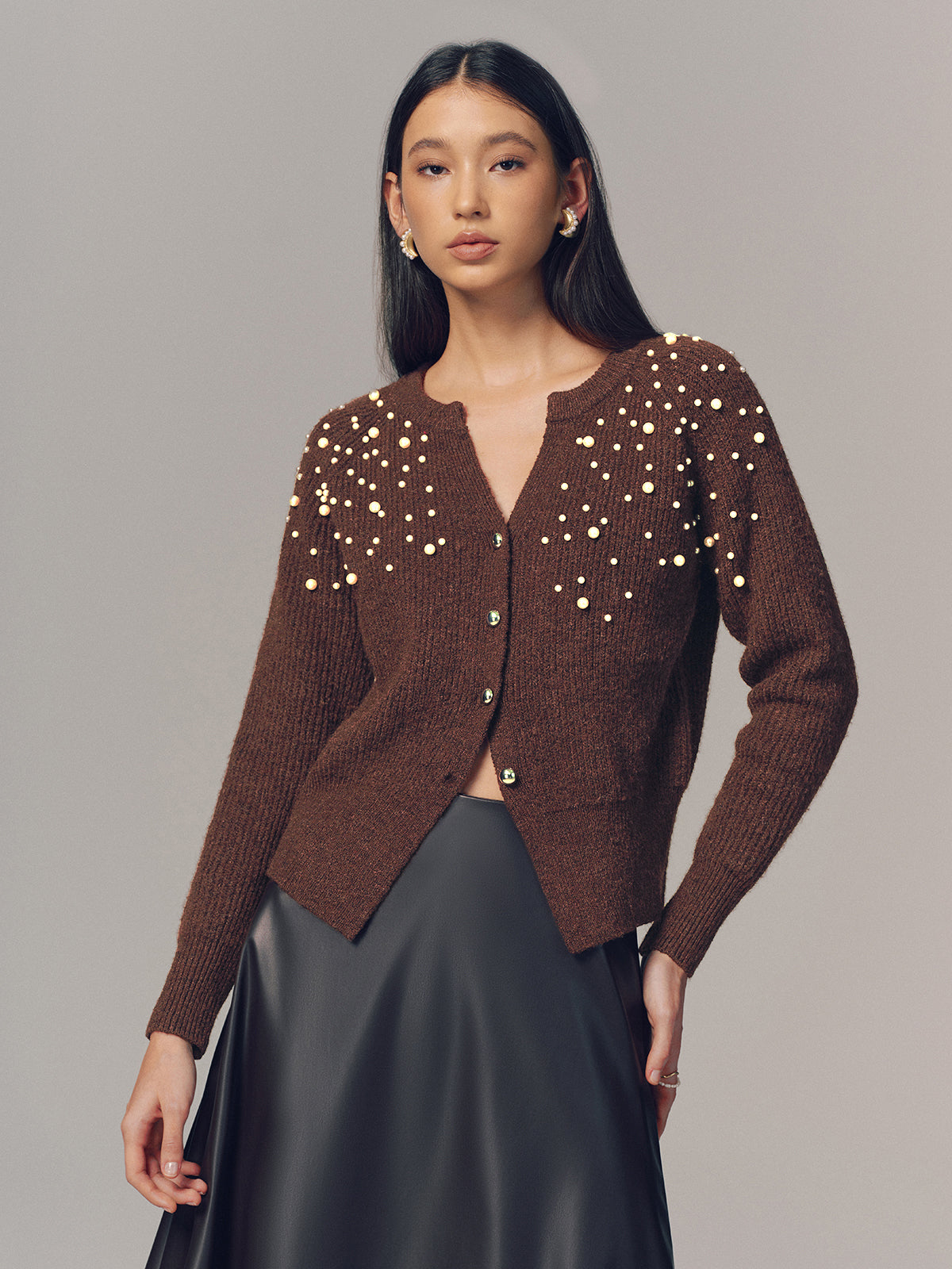 Pearl Embellished Wool Blend Cardigan-Chicvia