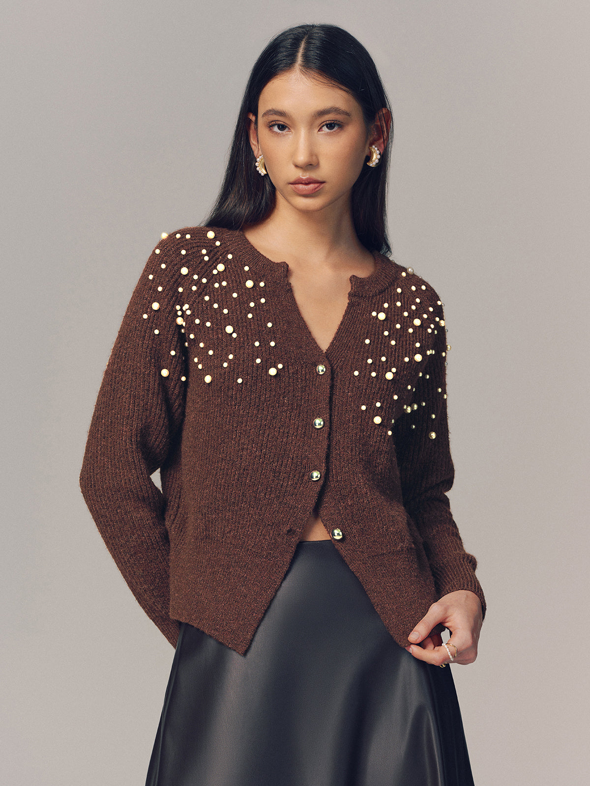 Pearl Embellished Wool Blend Cardigan-Chicvia