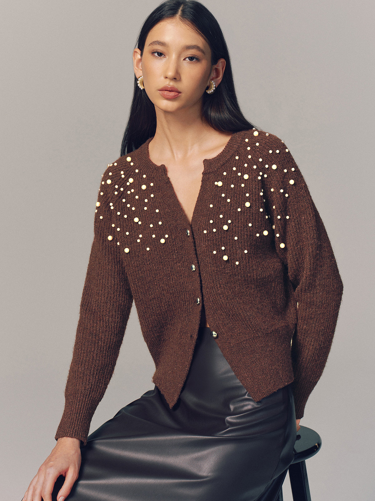 Pearl Embellished Wool Blend Cardigan-Chicvia