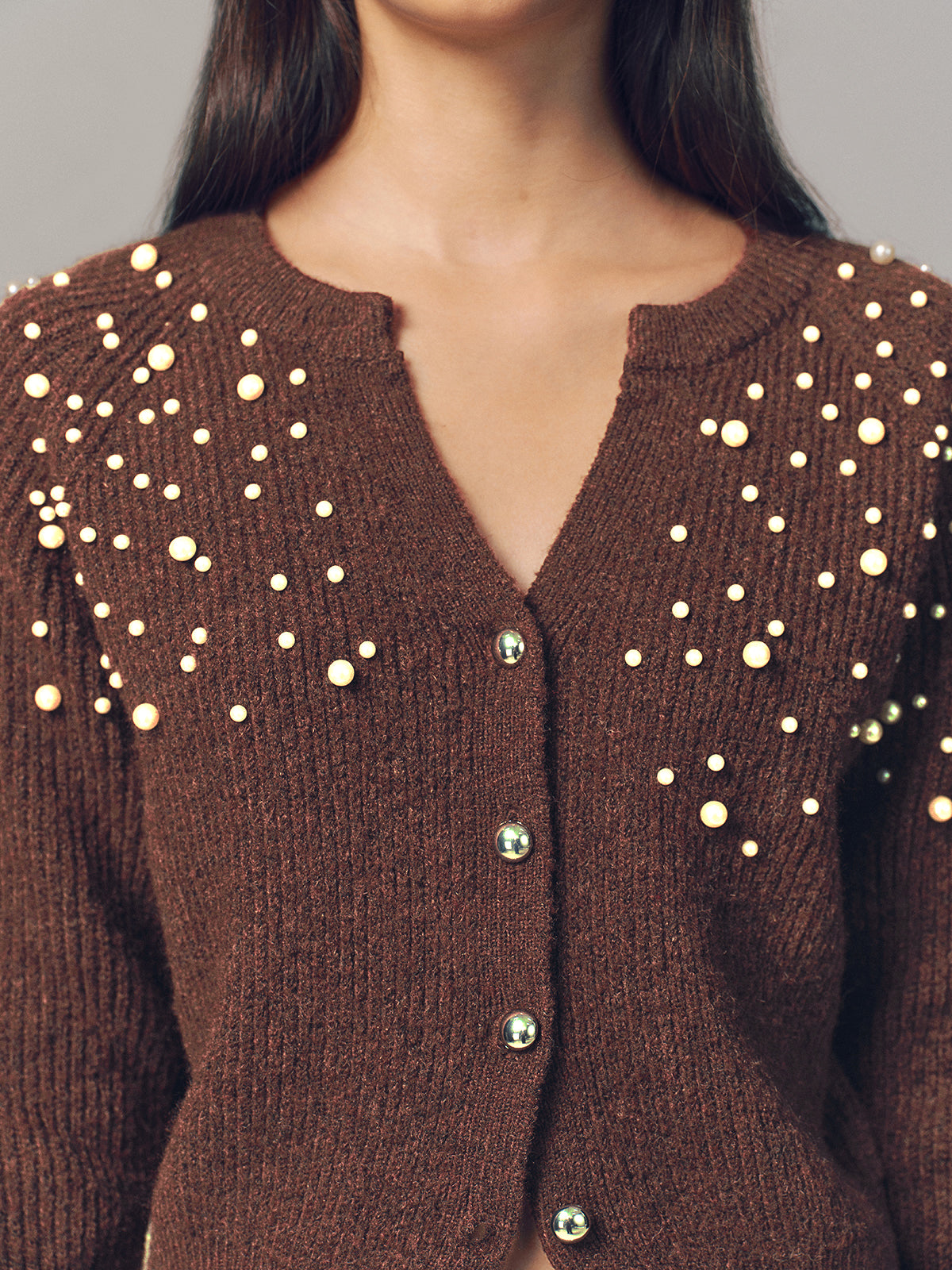 Pearl Embellished Wool Blend Cardigan-Chicvia
