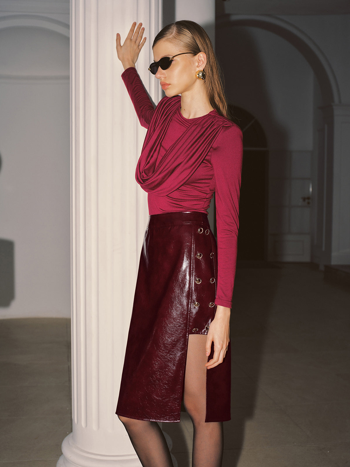 Metal Detail Side Slit Faux Leather Midi Skirt-Chicvia