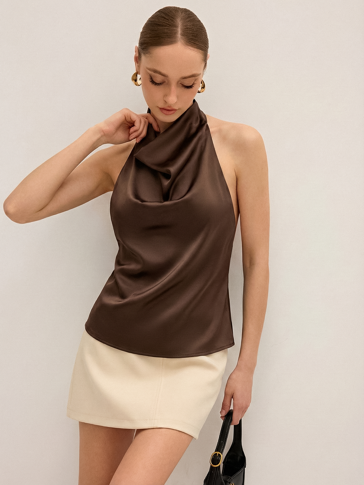 Cowl Neck Backless Satin Halter Top-Chicvia