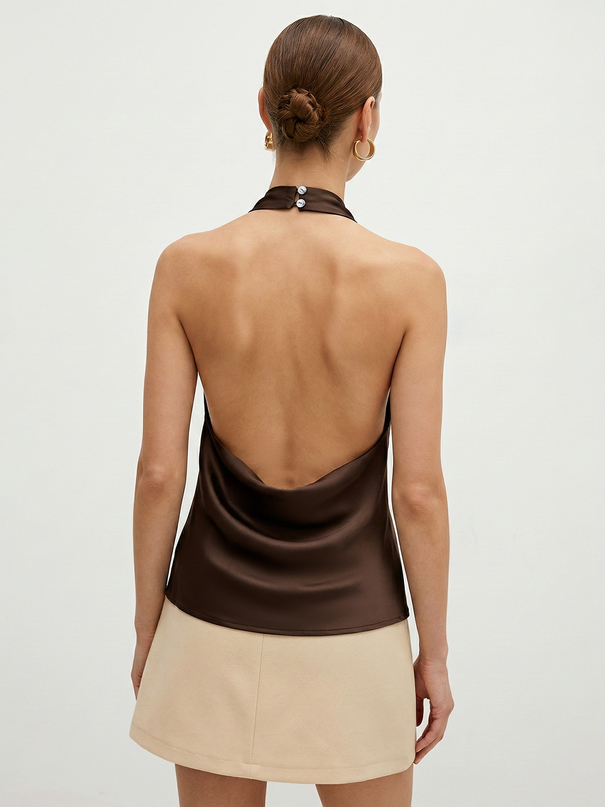 Cowl Neck Backless Satin Halter Top-Chicvia