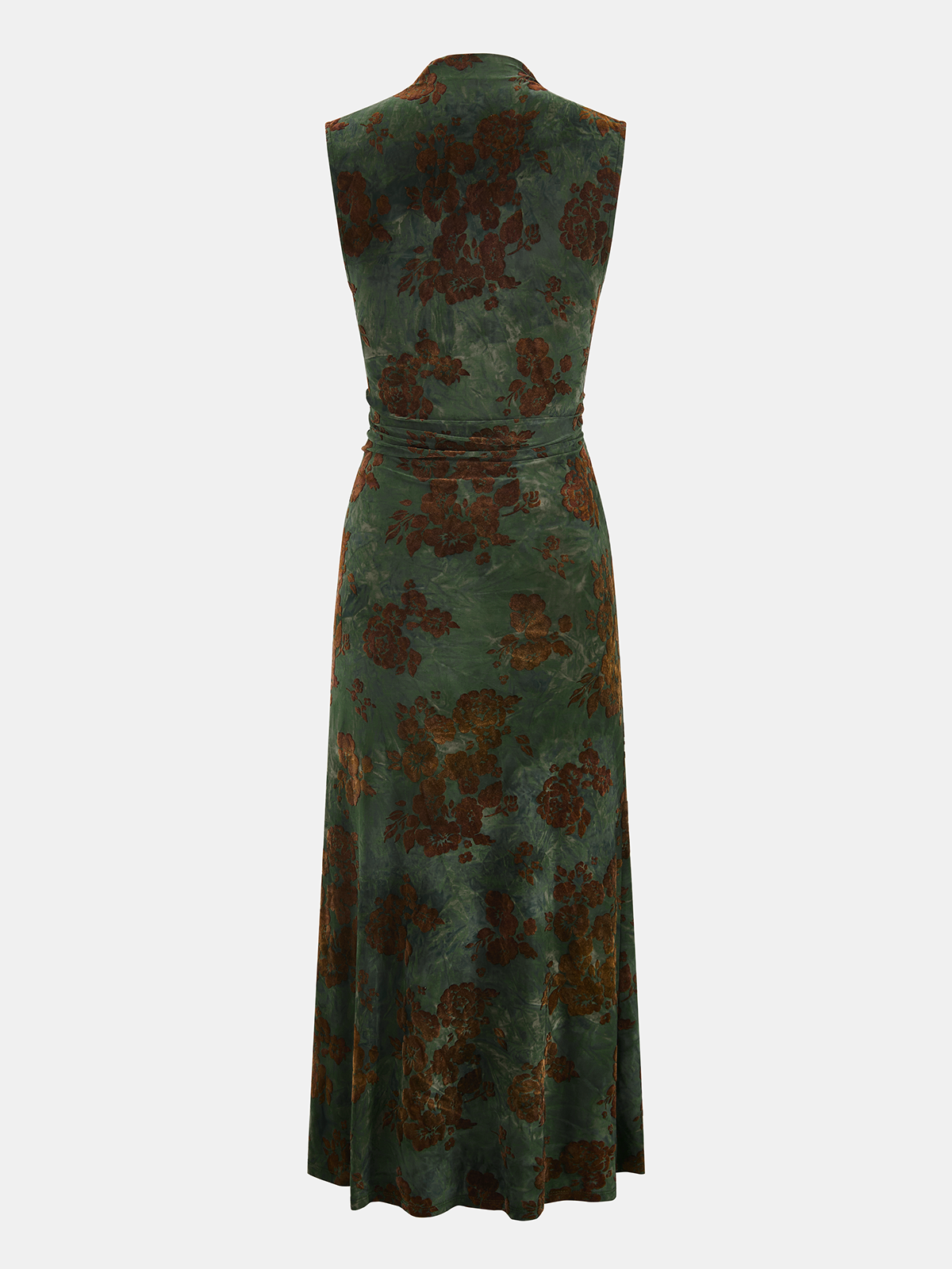 Flocked Floral Ruched Sleeveless Maxi Dress-Chicvia