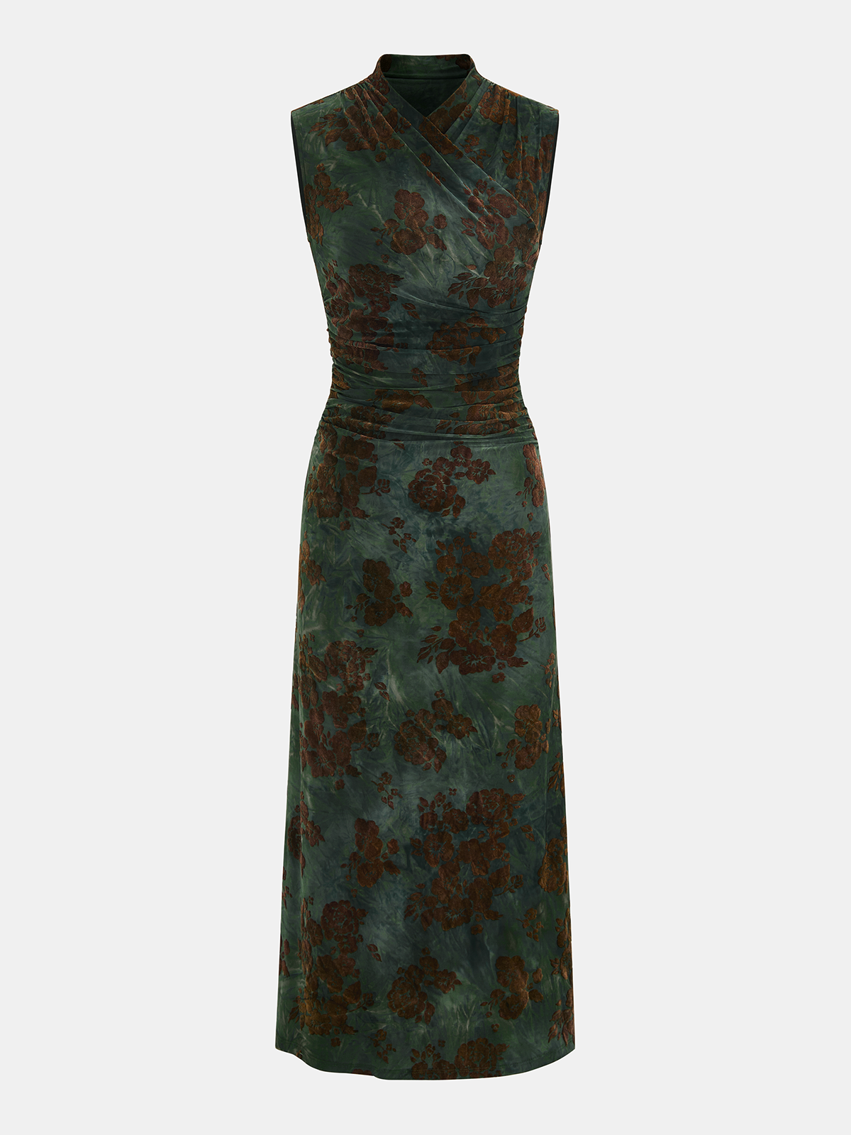 Flocked Floral Ruched Sleeveless Maxi Dress-Chicvia