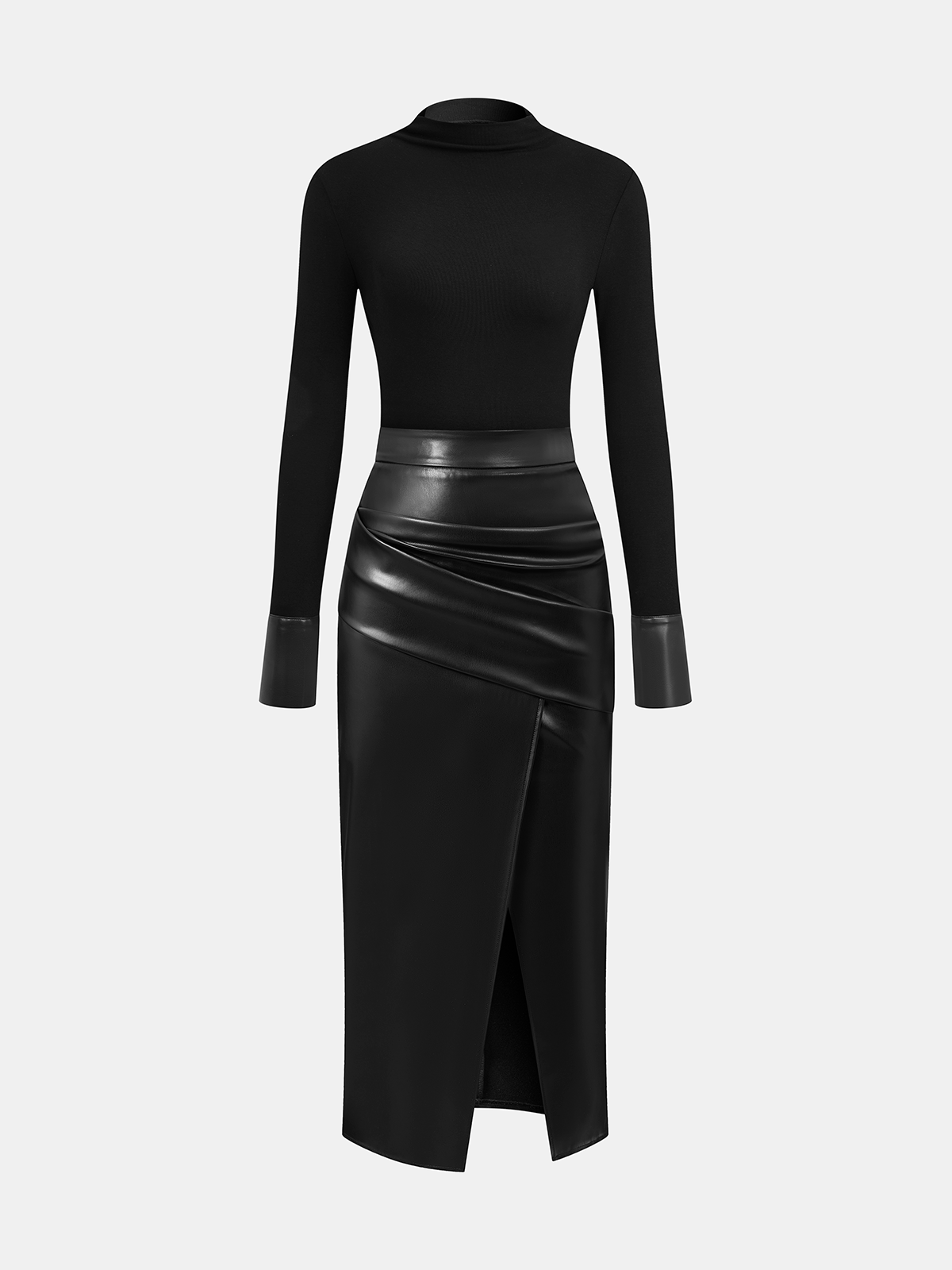 Knit Top & Faux Leather Ruched Skirt Set-Chicvia