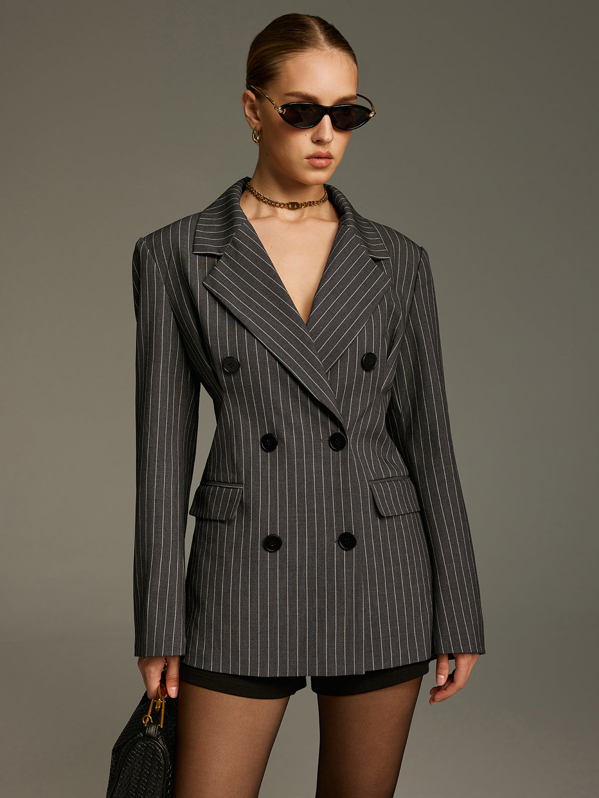 Pinstripe Double-Breasted Blazer-Chicvia