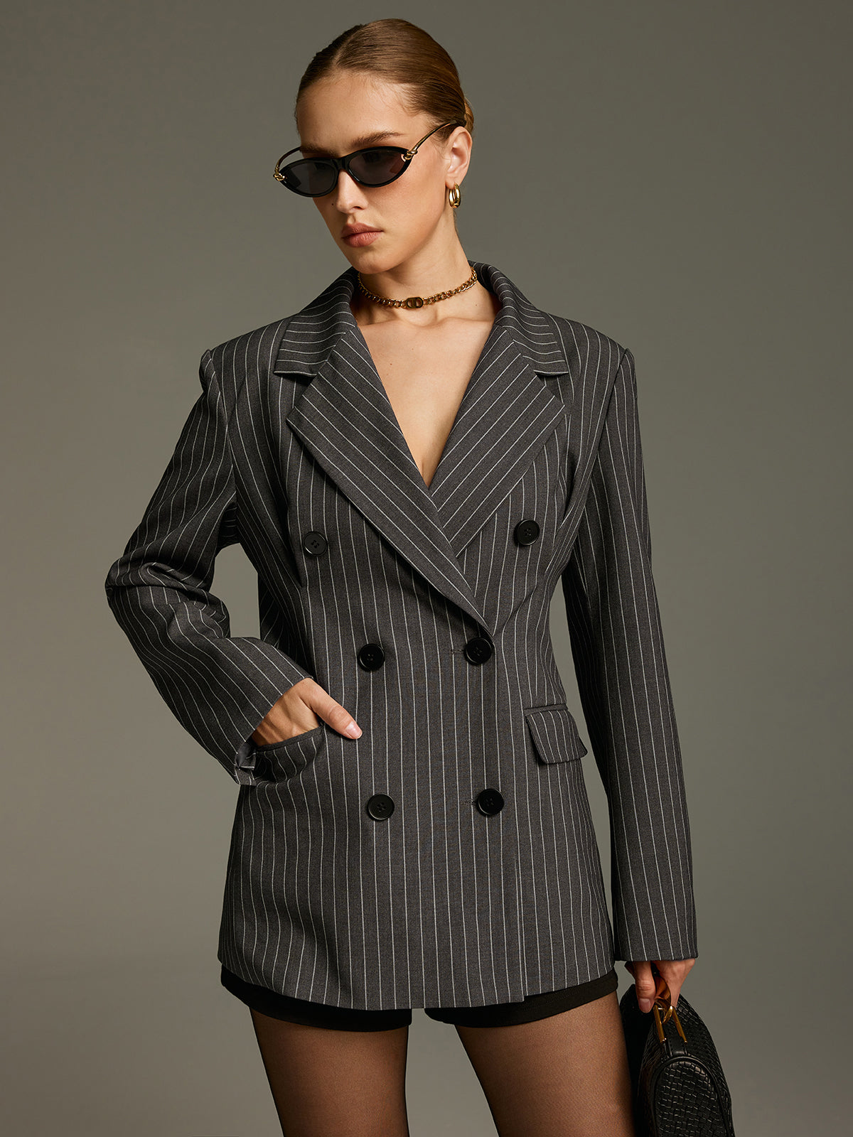 Pinstripe Double-Breasted Blazer-Chicvia