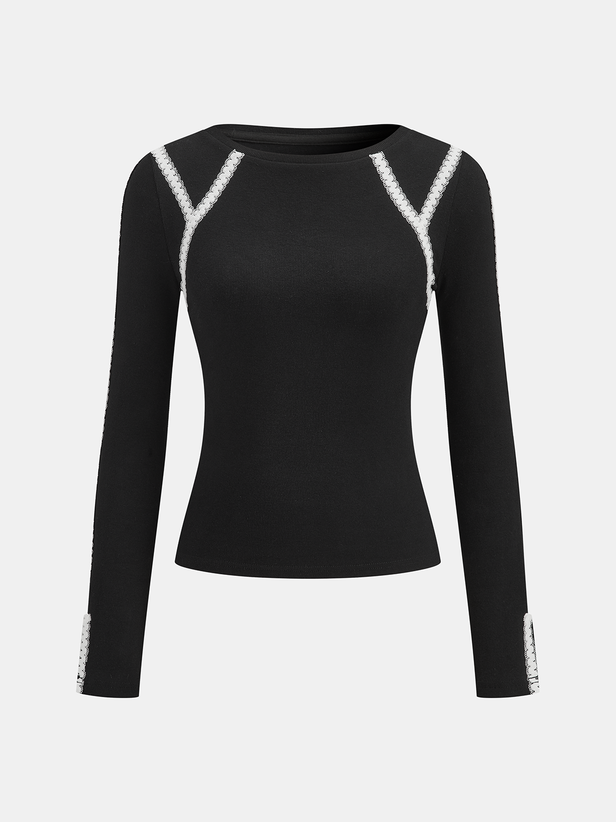 Lace Trim Ribbed Long Sleeve Top-Chicvia