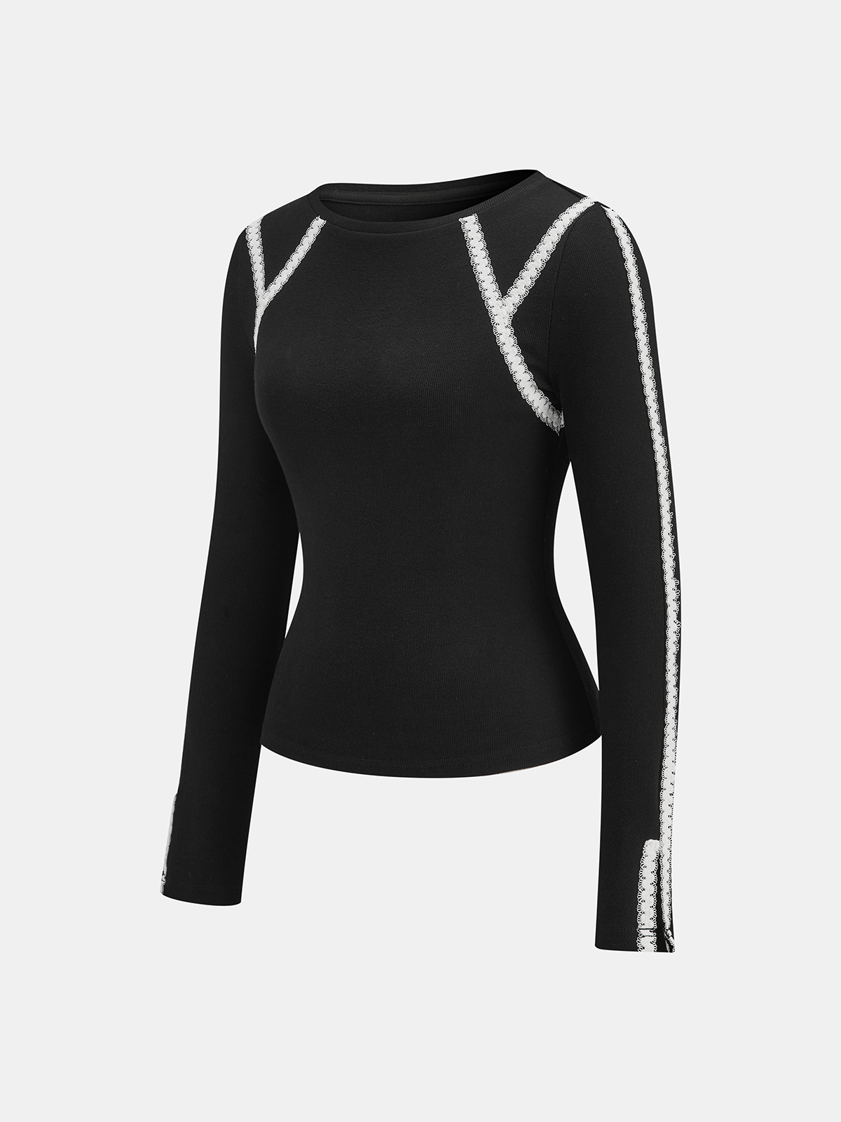 Lace Trim Ribbed Long Sleeve Top-Chicvia