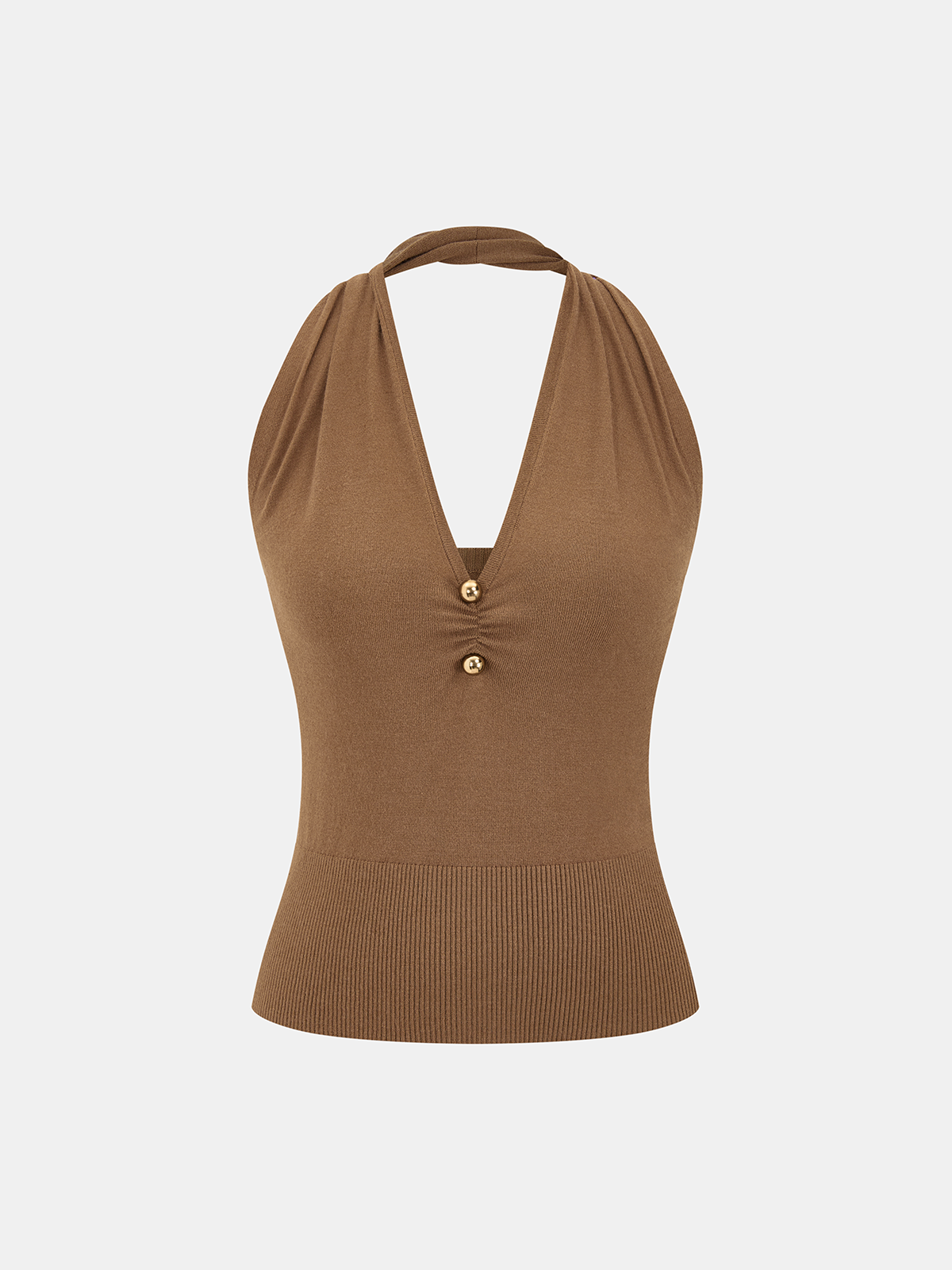 Metal Detail Halter Backless Knit Top-Chicvia