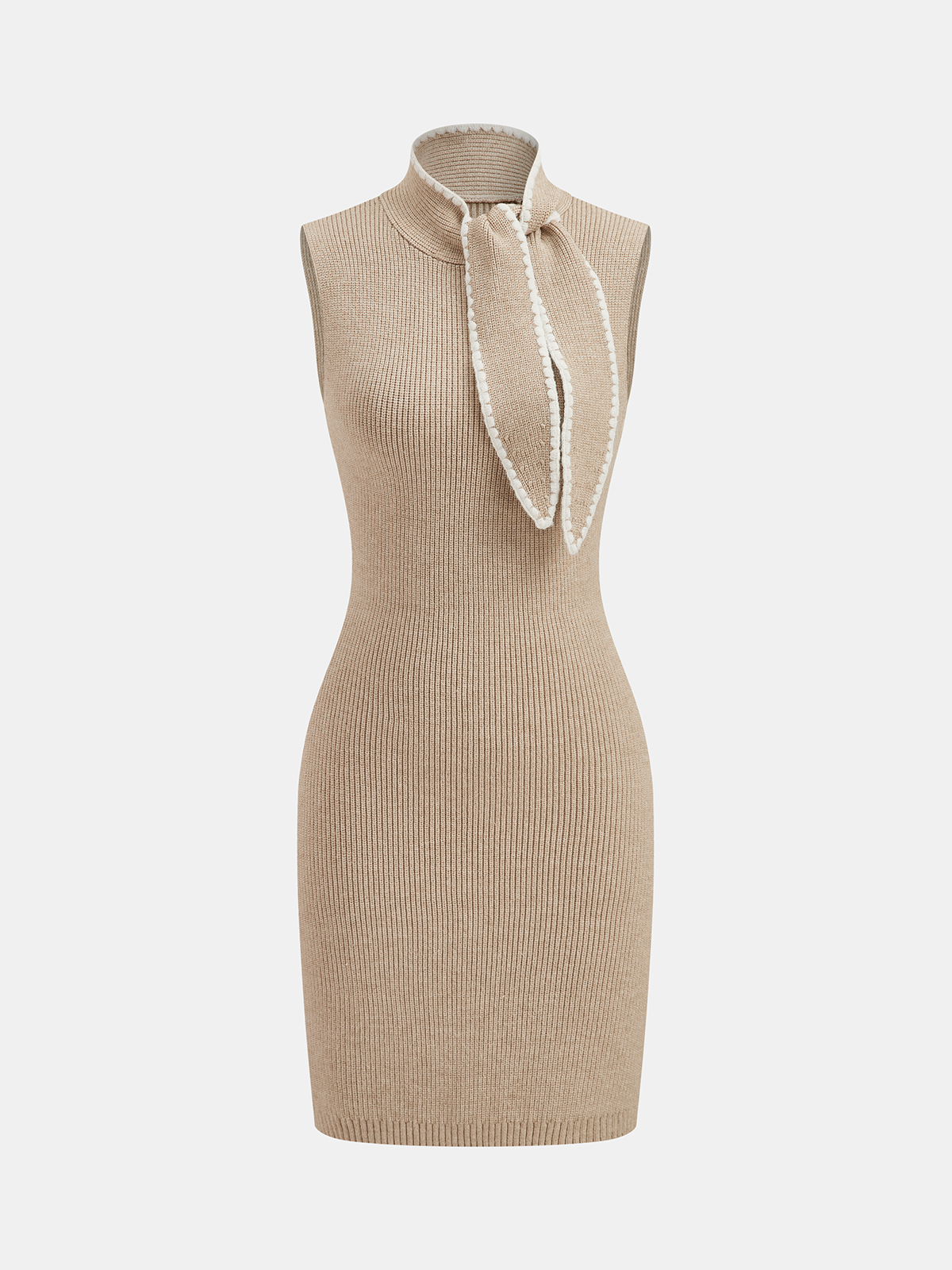 Contrast Trim Tie-Neck Sleeveless Knit Dress-Chicvia