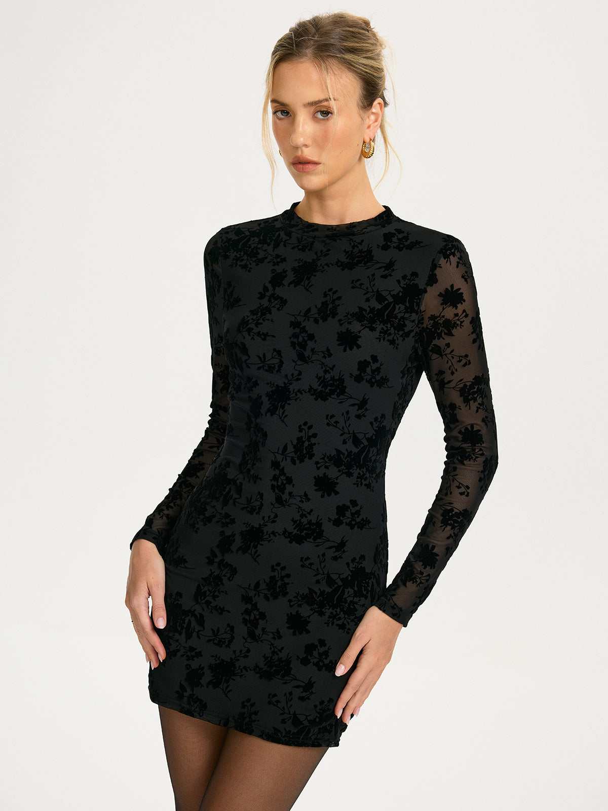 Flocked Floral Mesh Backless Mini Dress-Chicvia